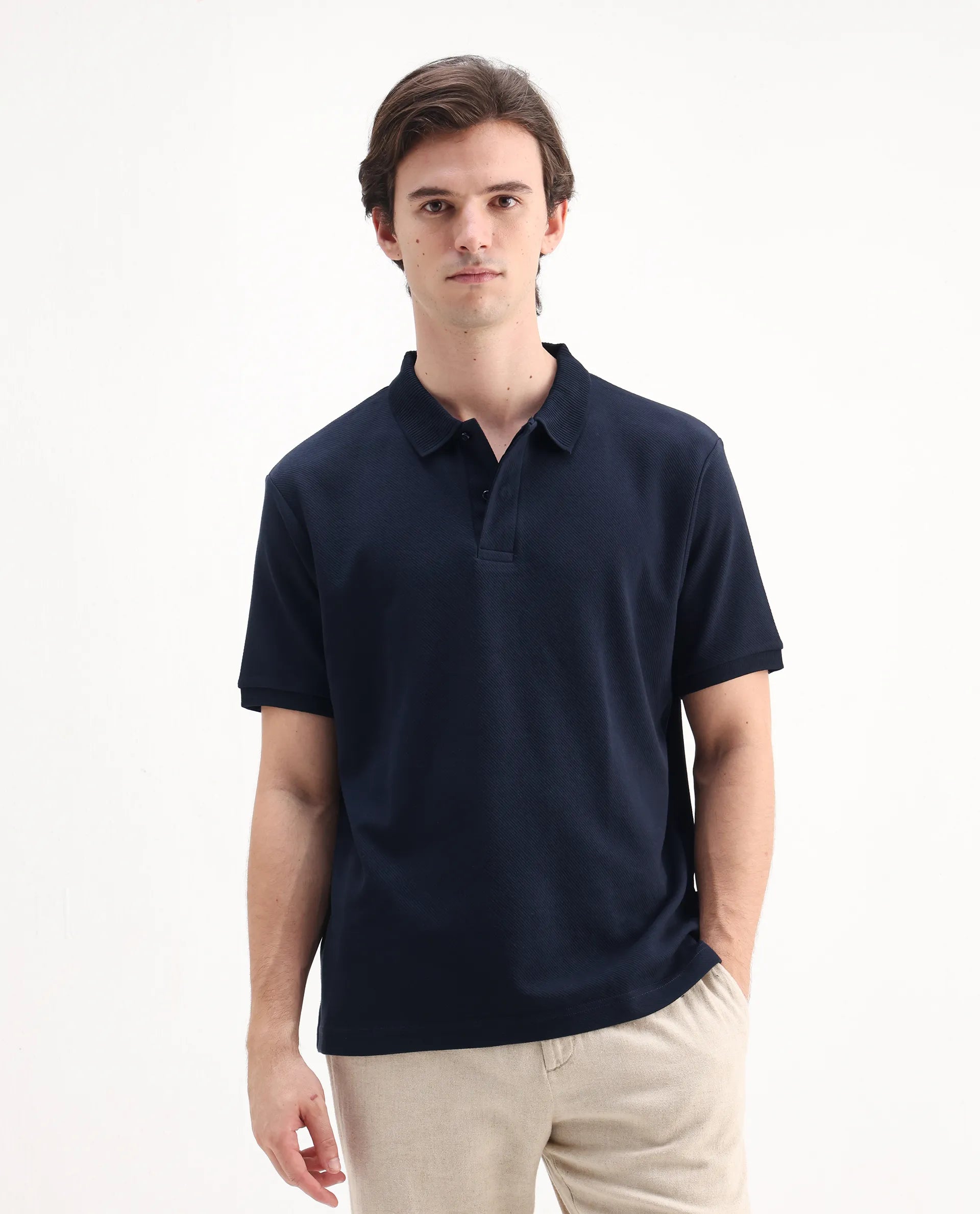 Rare Rabbit Men's Spec Navy Twill Plain Oversized Fit Half Sleeve Polo