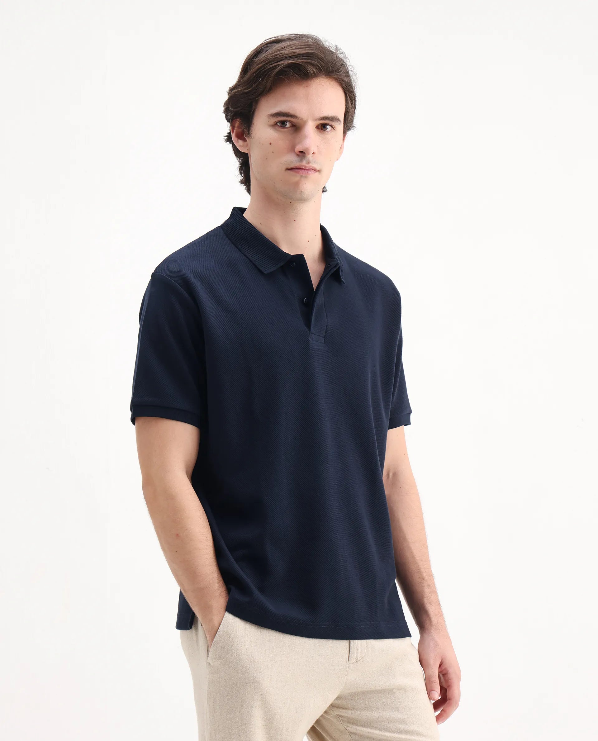 Rare Rabbit Men's Spec Navy Twill Plain Oversized Fit Half Sleeve Polo