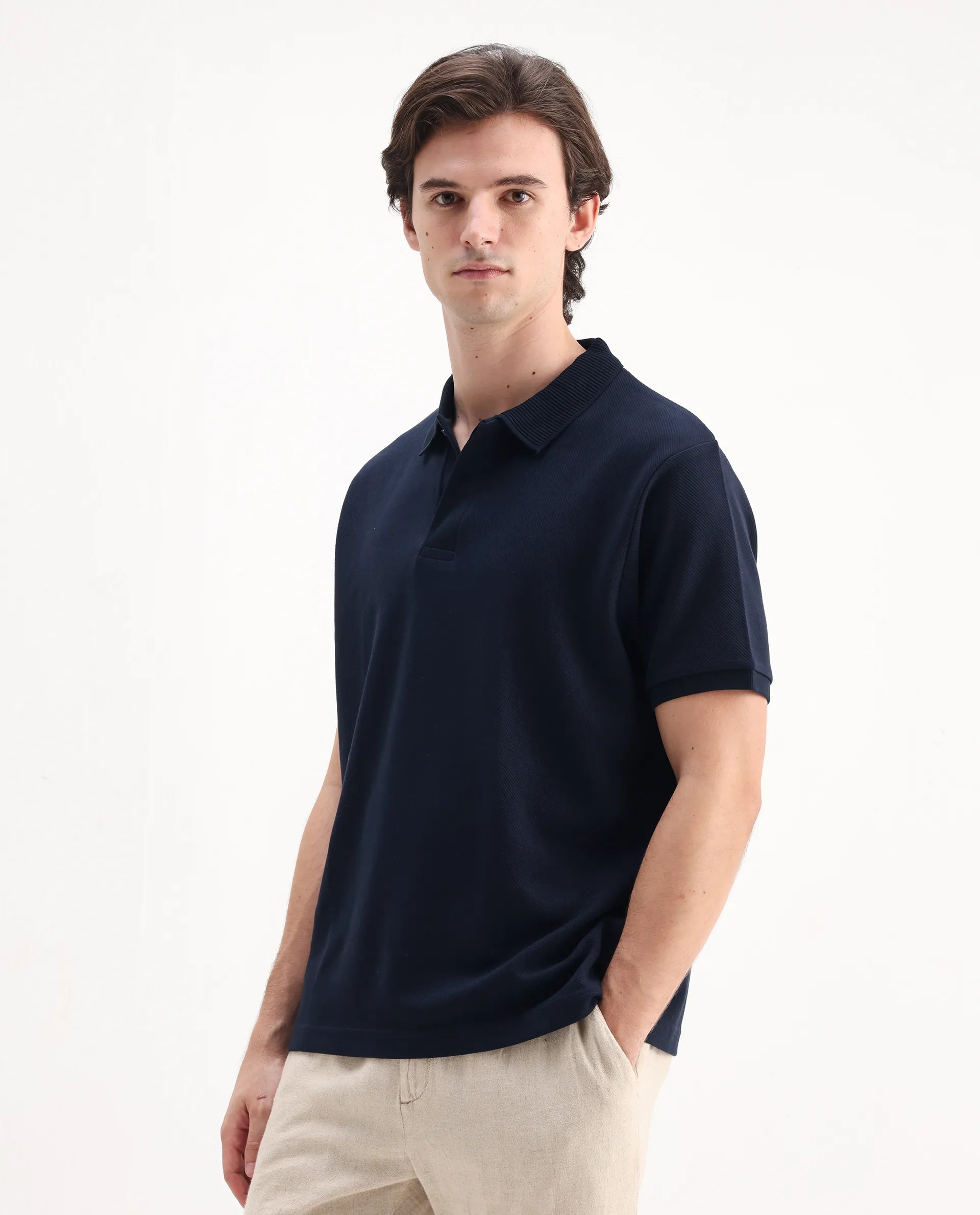 Rare Rabbit Men's Spec Navy Twill Plain Oversized Fit Half Sleeve Polo
