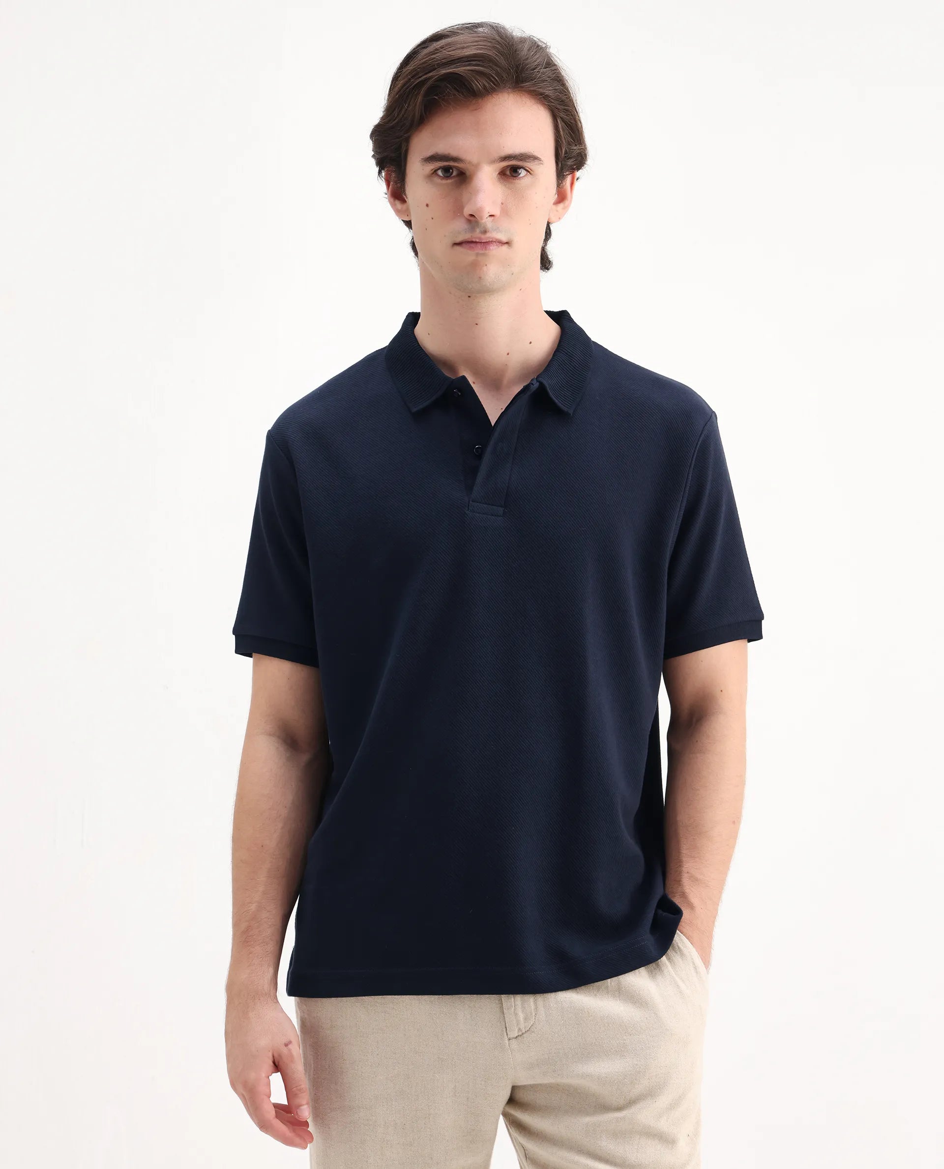 Rare Rabbit Men's Spec Navy Twill Plain Oversized Fit Half Sleeve Polo