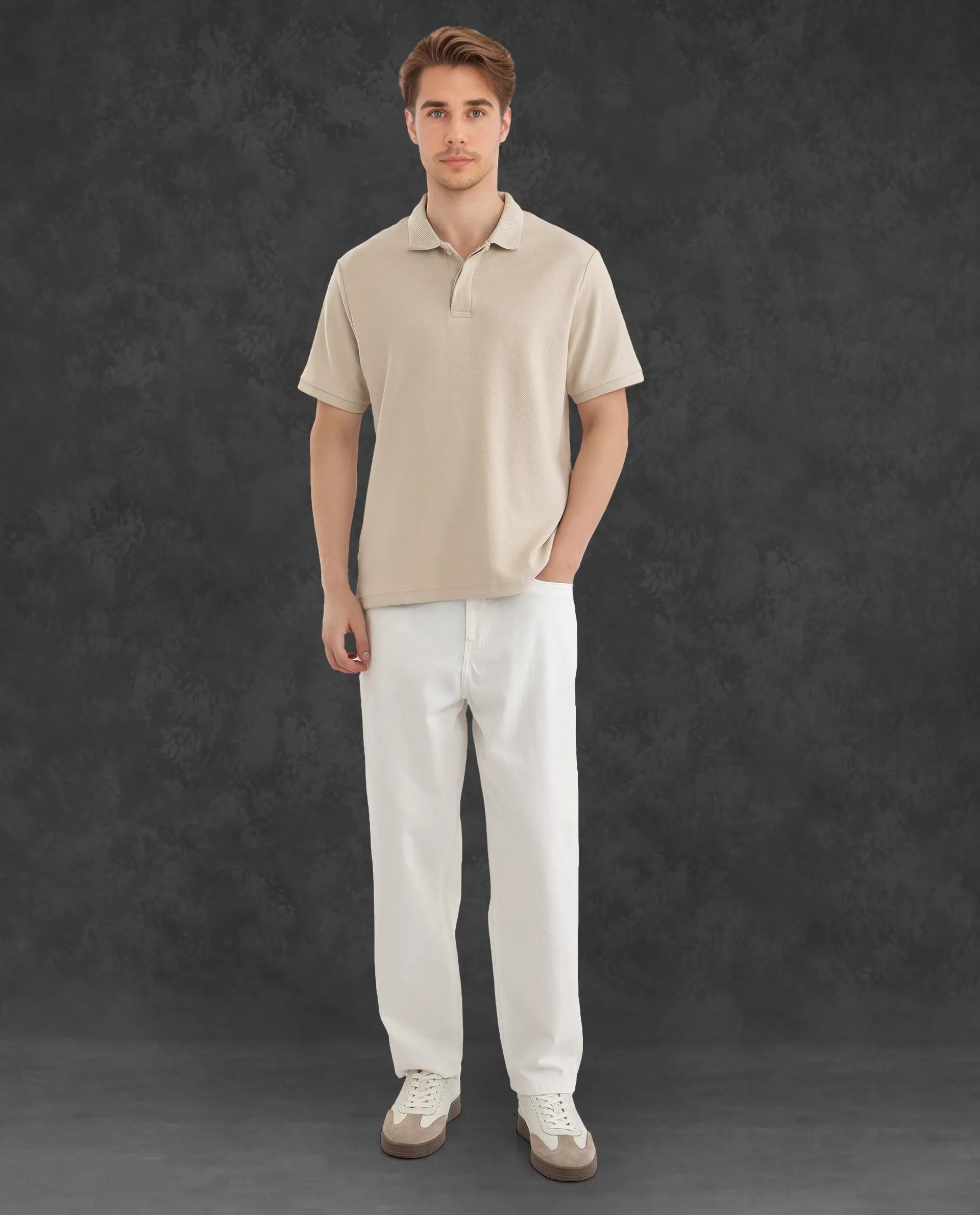 Rare Rabbit Men Spec Off White Cotton Polyester Fabric Short Sleeve Collared Neck Button Closure Plain Polo