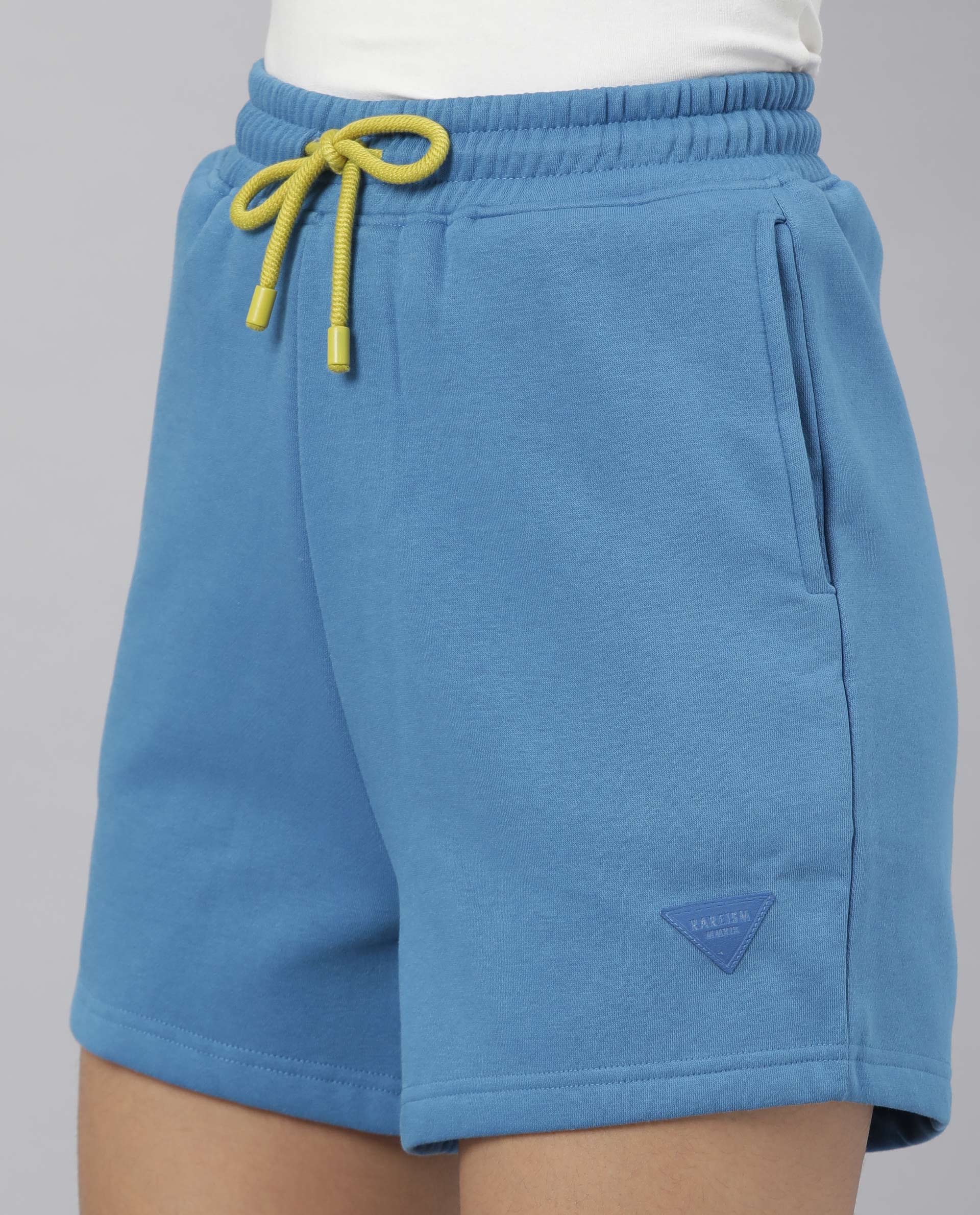 Rareism Women Spence-1 Blue Poly Cotton Fabric Regular Fit Solid Mid Rise Shorts