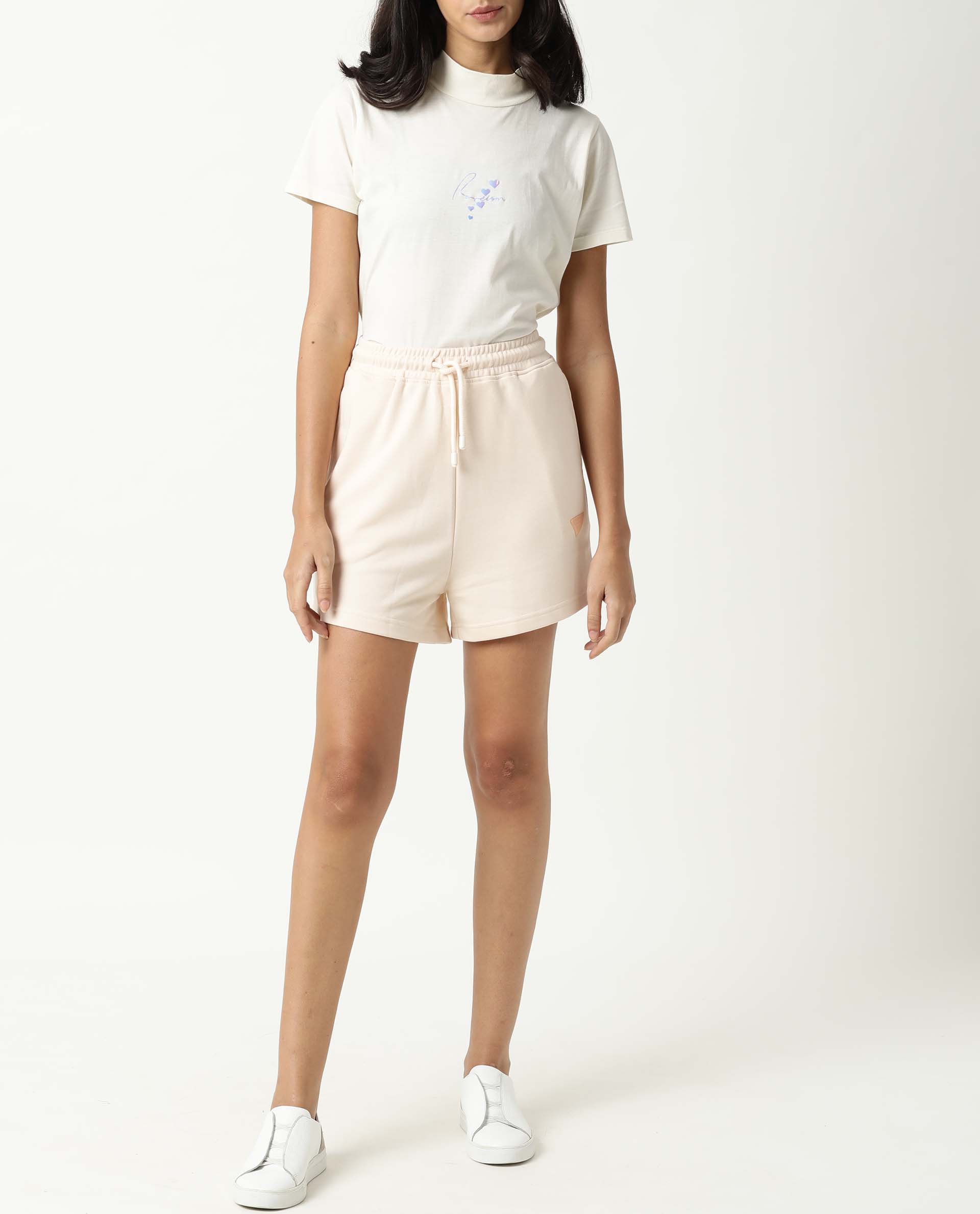 Rareism Women Spence Beige Poly Cotton Fabric Regular Fit Solid Mid Rise Shorts