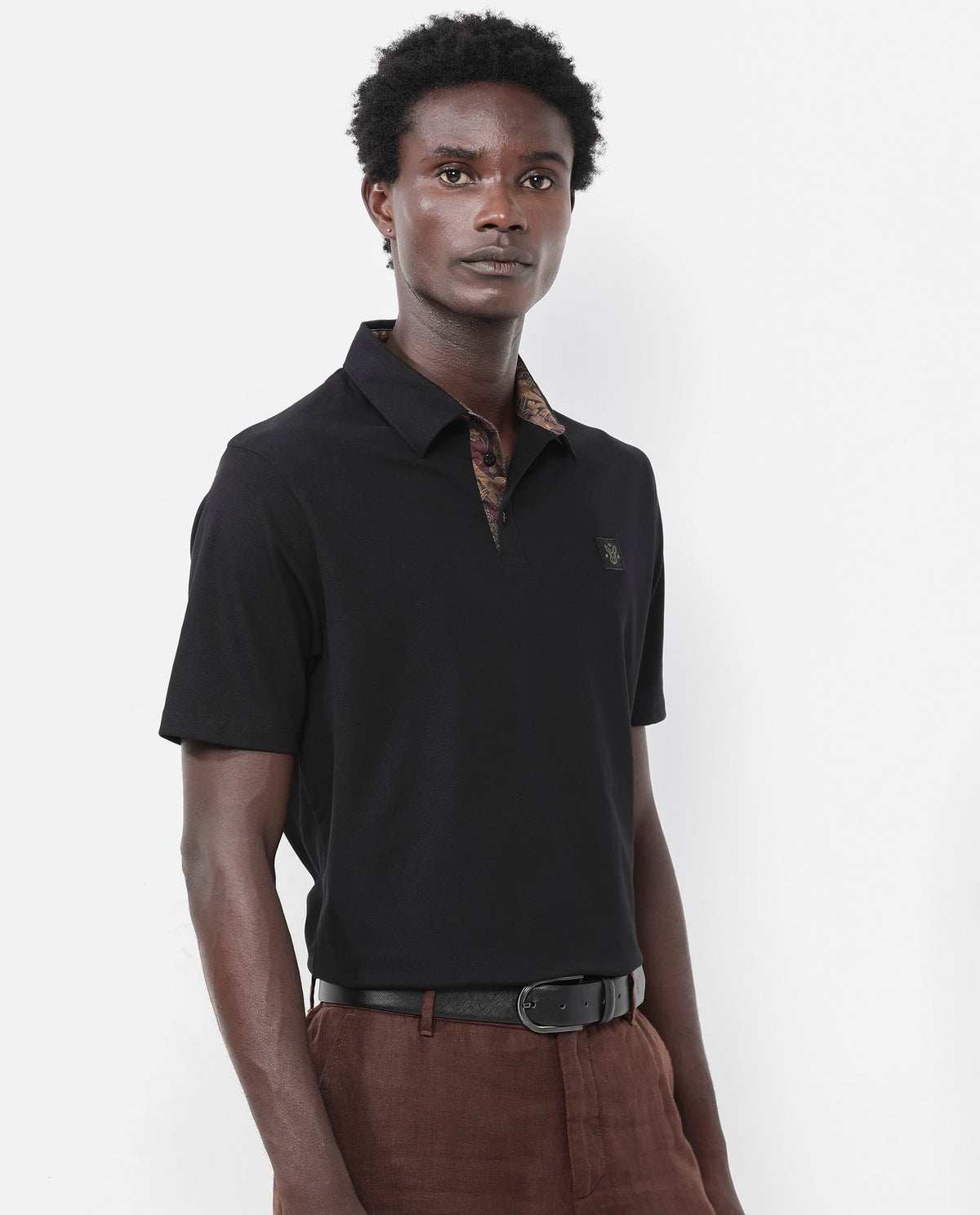 Rare Rabbit Men's Spencer Black Short Sleeve Button Closure Regular Fit Solid Polo T-Shirt
