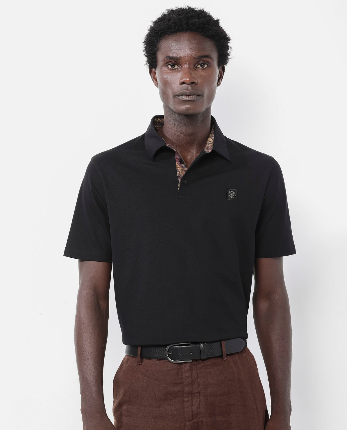 Rare Rabbit Men's Spencer Black Short Sleeve Button Closure Regular Fit Solid Polo T-Shirt