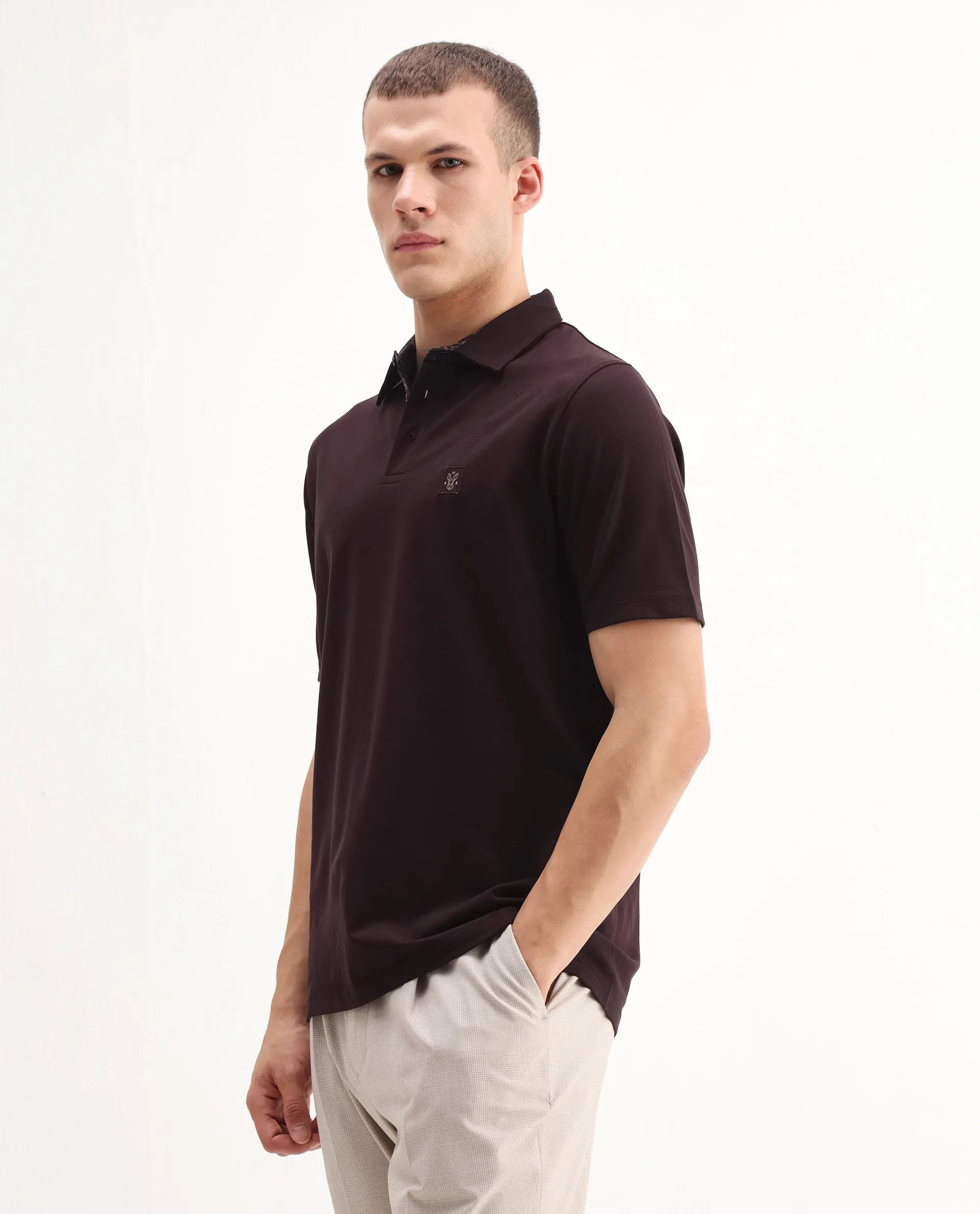 Rare Rabbit Men's Spencer Dark Maroon Cotton Plain Regular Fit Half Sleeve Polo