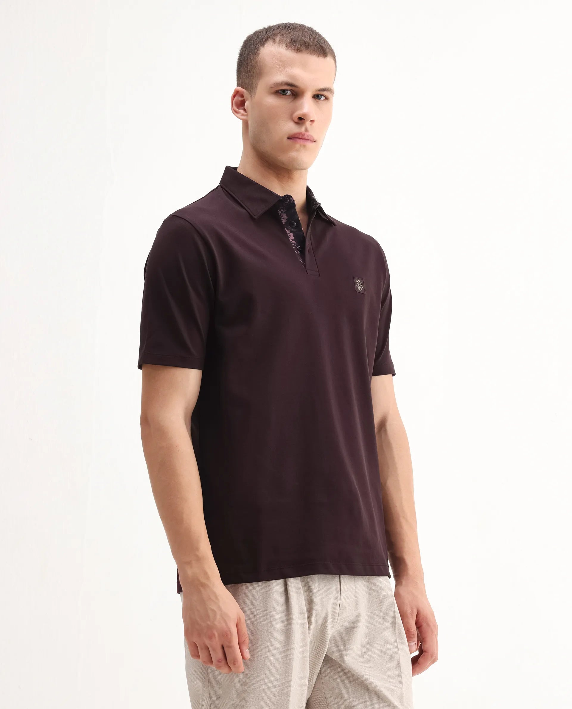 Rare Rabbit Men's Spencer Dark Maroon Cotton Plain Regular Fit Half Sleeve Polo