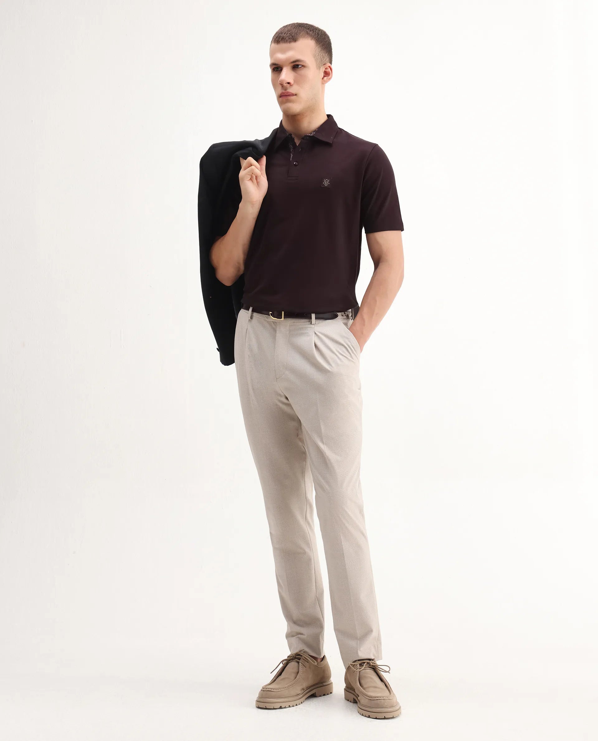 Rare Rabbit Men's Spencer Dark Maroon Cotton Plain Regular Fit Half Sleeve Polo