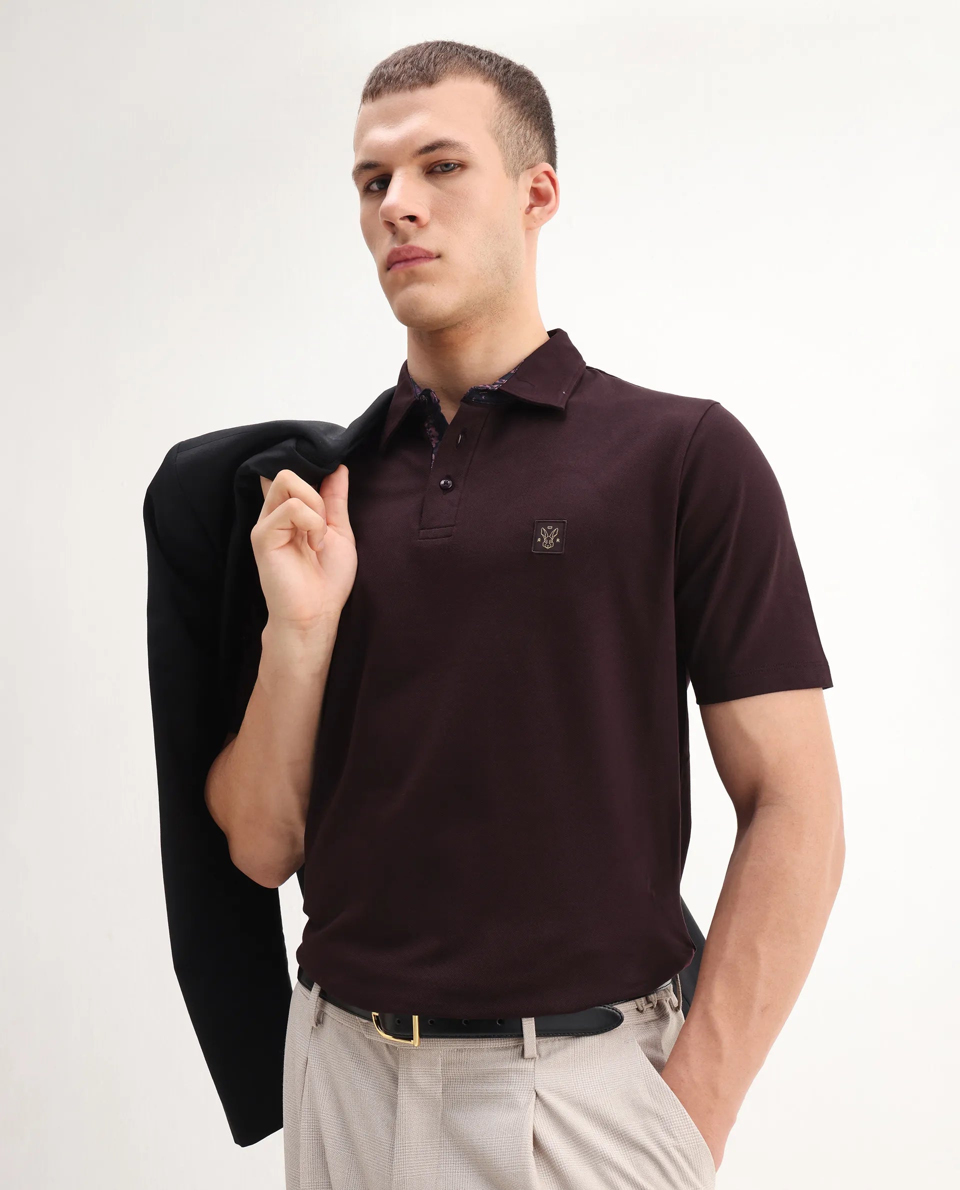 Rare Rabbit Men's Spencer Dark Maroon Cotton Plain Regular Fit Half Sleeve Polo