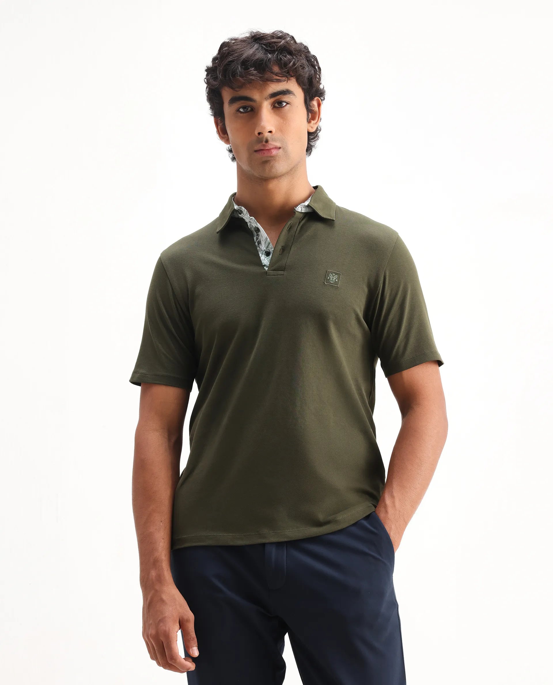 Rare Rabbit Men's Spencer Dark Olive Cotton Plain Regular Fit Half Sleeve Polo