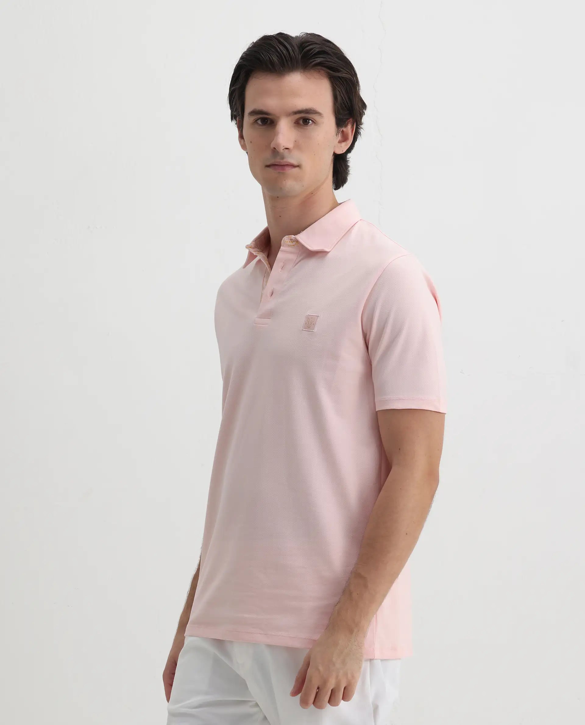 Rare Rabbit Men's Spencer Light Pink Cotton Plain Regular Fit Half Sleeve Polo