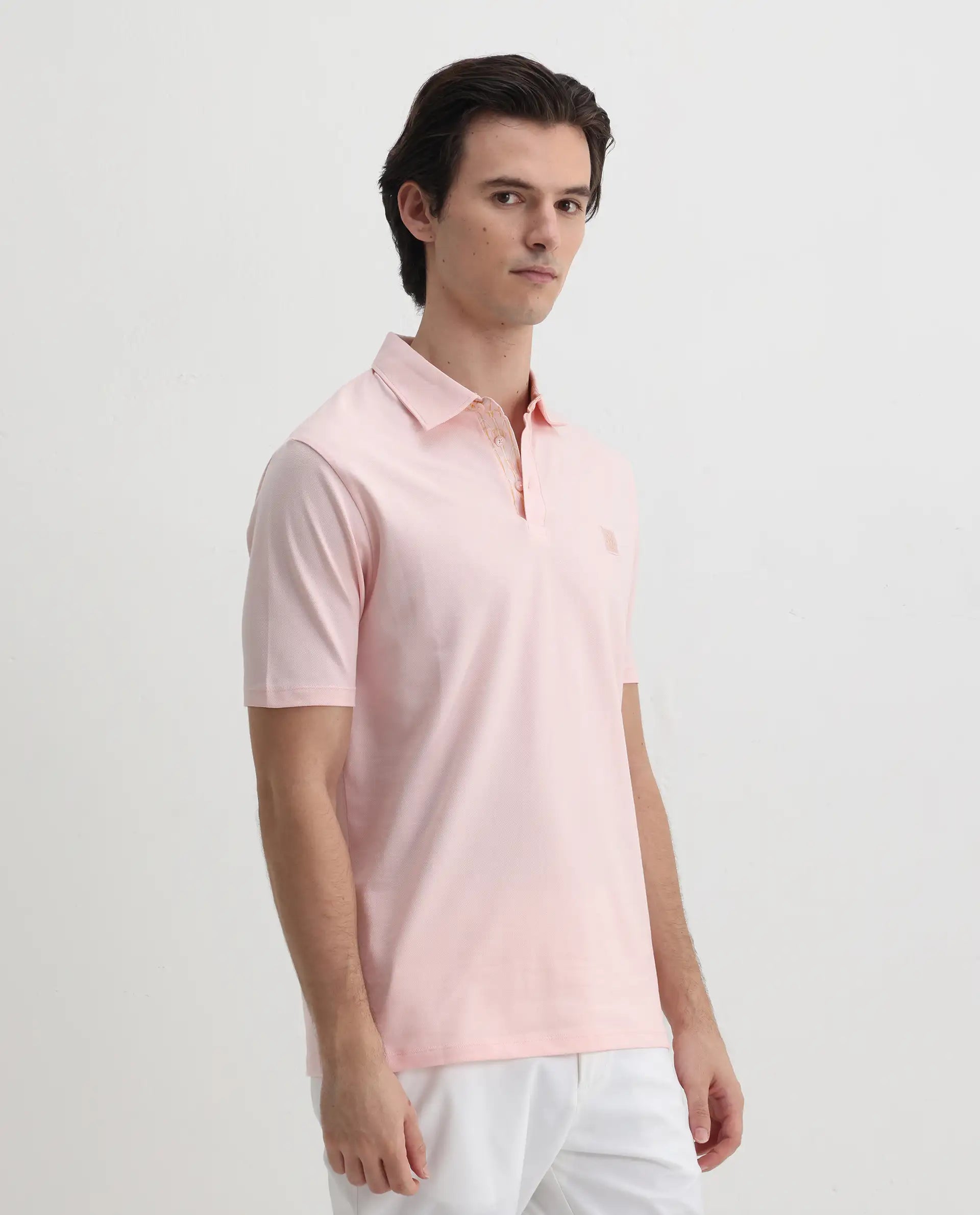 Rare Rabbit Men's Spencer Light Pink Cotton Plain Regular Fit Half Sleeve Polo