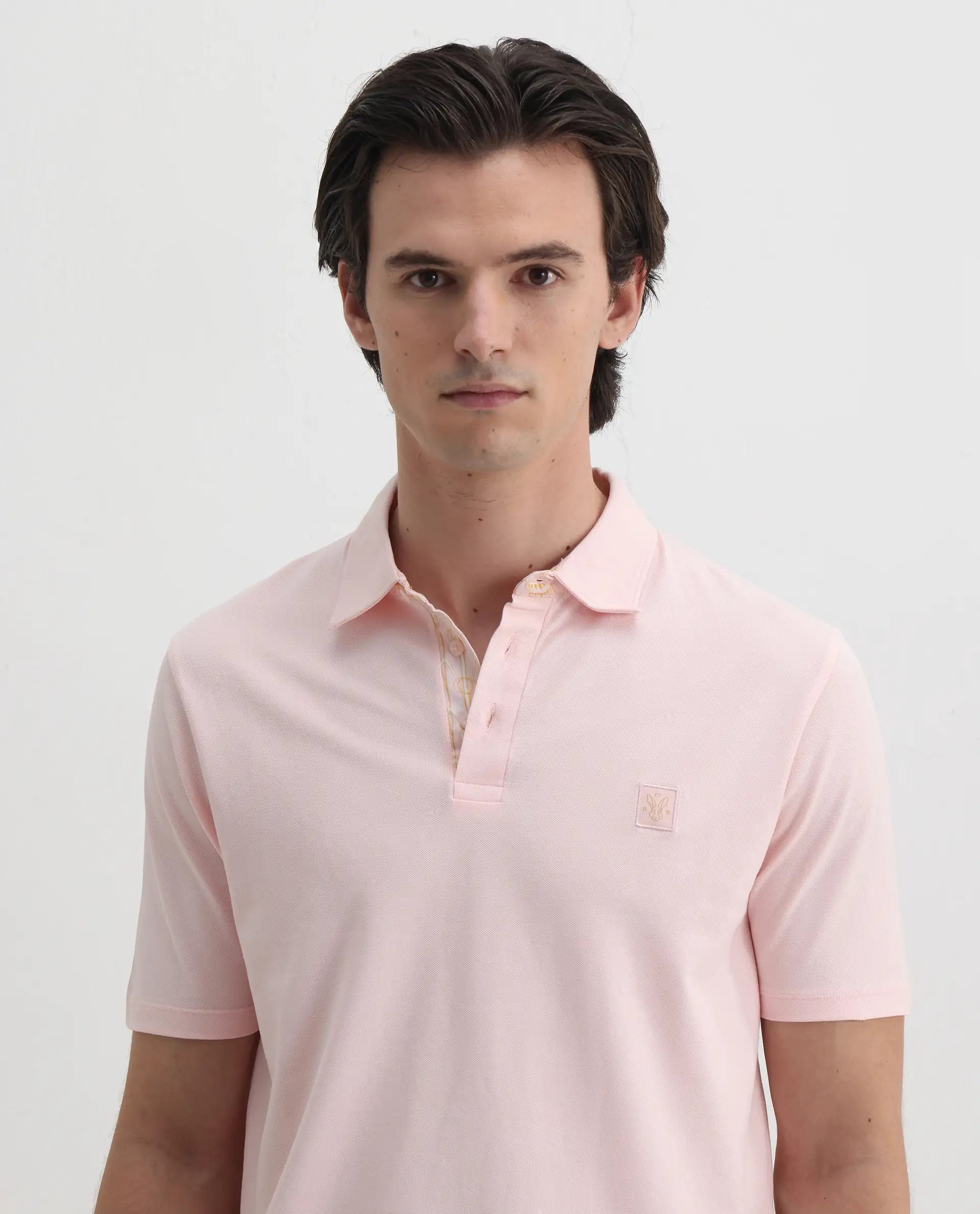 Rare Rabbit Men's Spencer Light Pink Cotton Plain Regular Fit Half Sleeve Polo