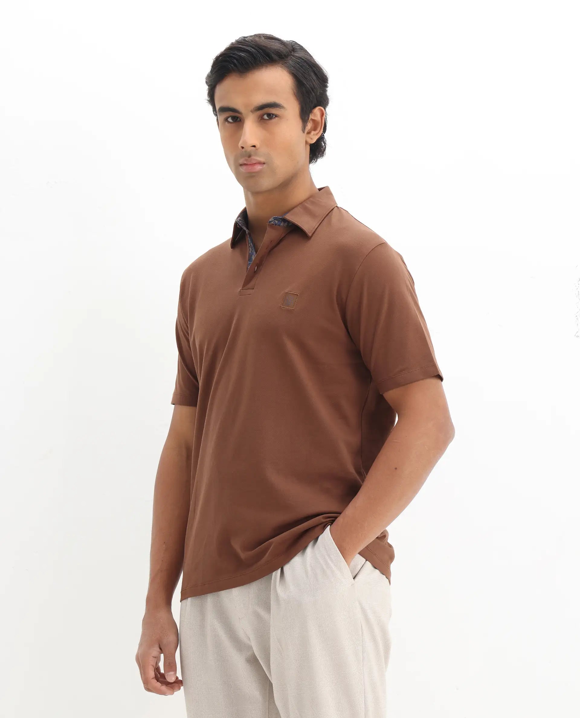 Rare Rabbit Men's Spencer Rust Cotton Plain Regular Fit Half Sleeve Polo