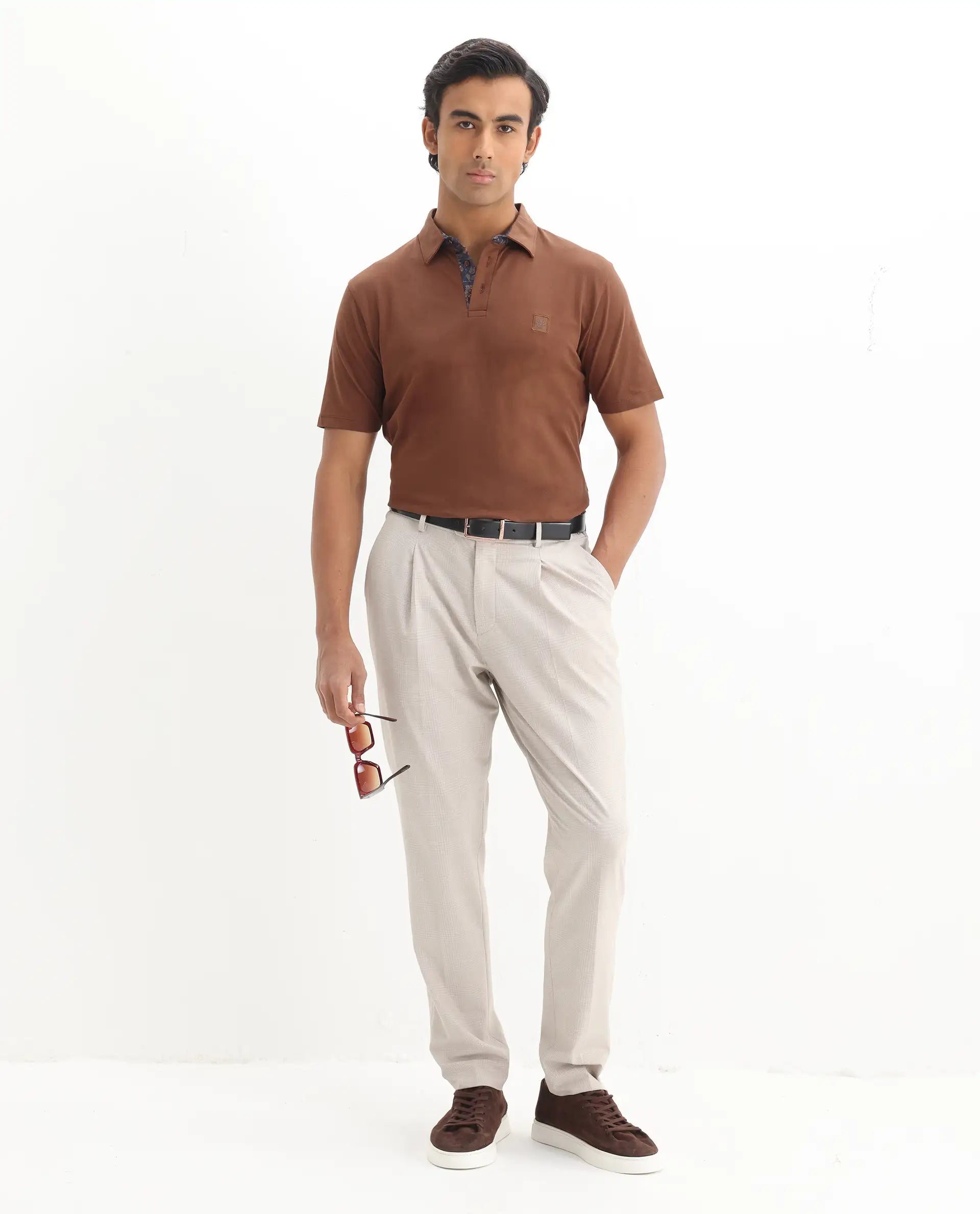 Rare Rabbit Men's Spencer Rust Cotton Plain Regular Fit Half Sleeve Polo