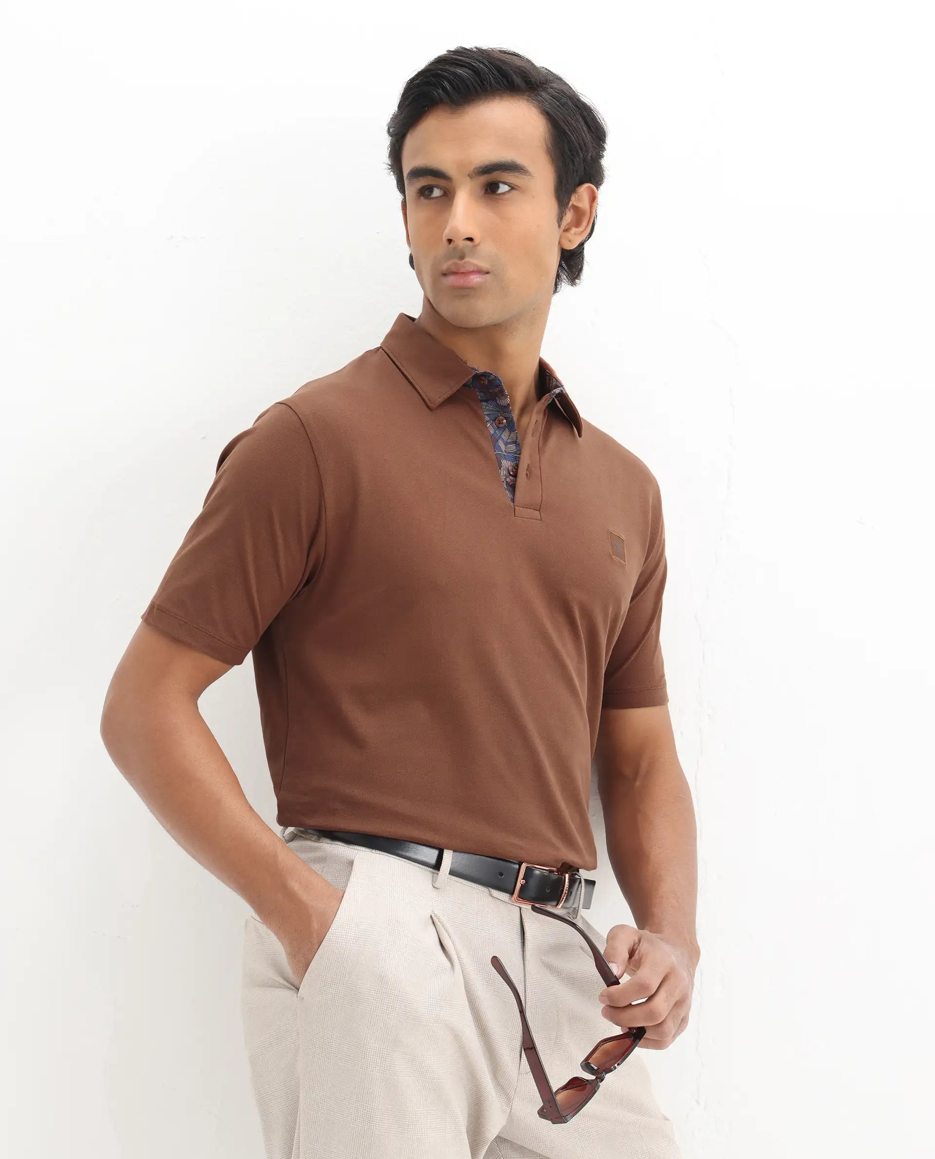 Rare Rabbit Men's Spencer Rust Cotton Plain Regular Fit Half Sleeve Polo