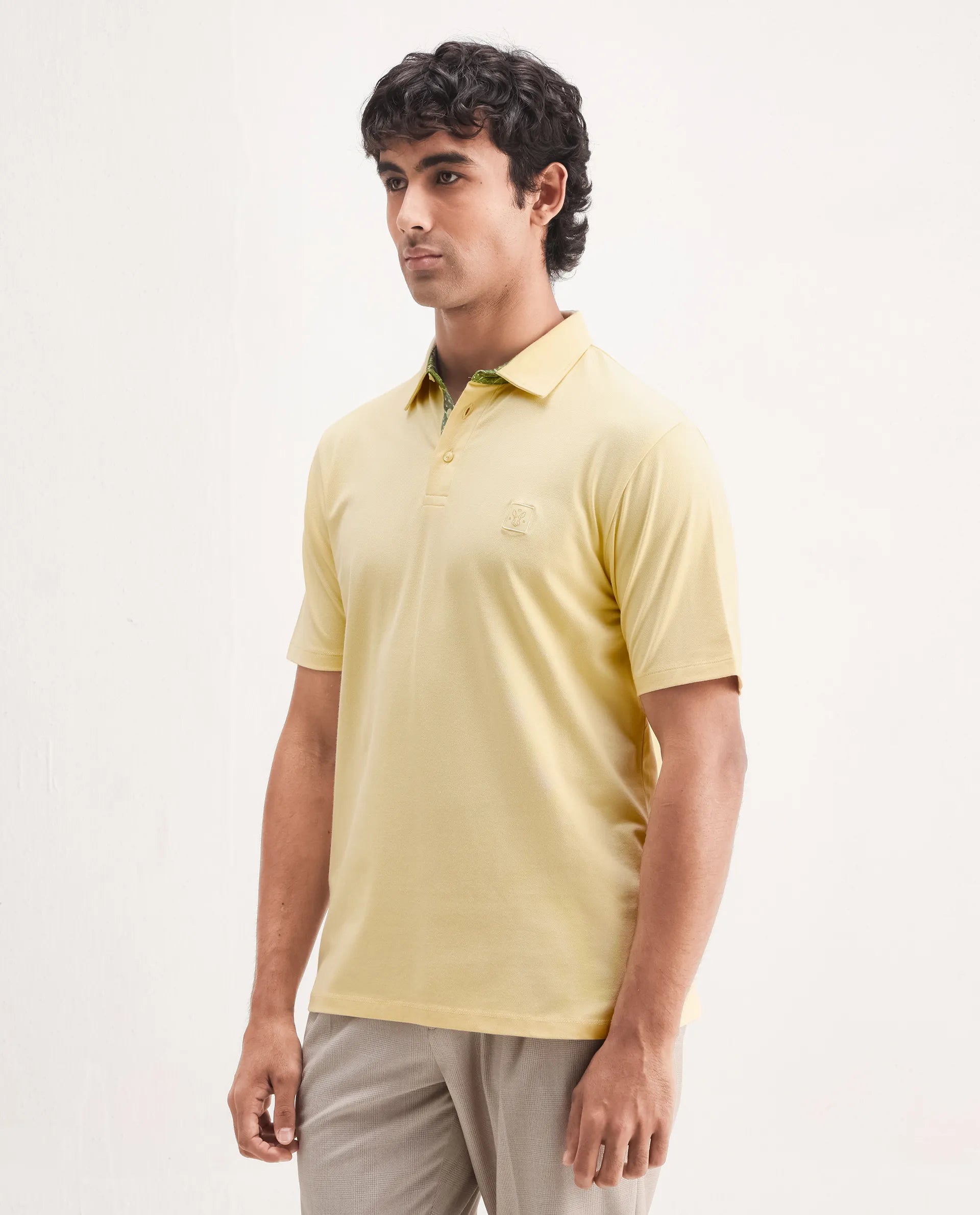 Rare Rabbit Men's Spencer Yellow Cotton Plain Regular Fit Half Sleeve Polo