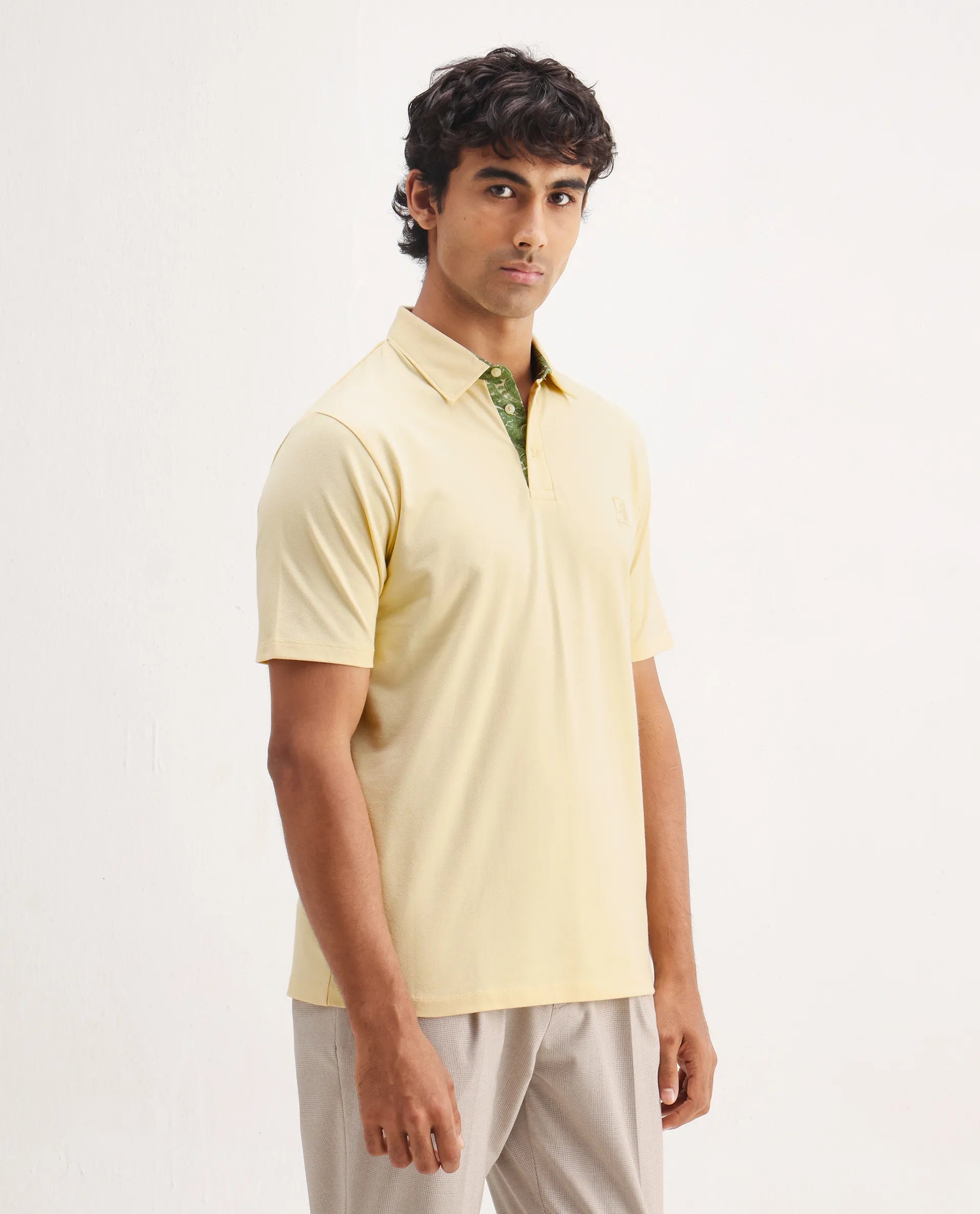Rare Rabbit Men's Spencer Yellow Cotton Plain Regular Fit Half Sleeve Polo