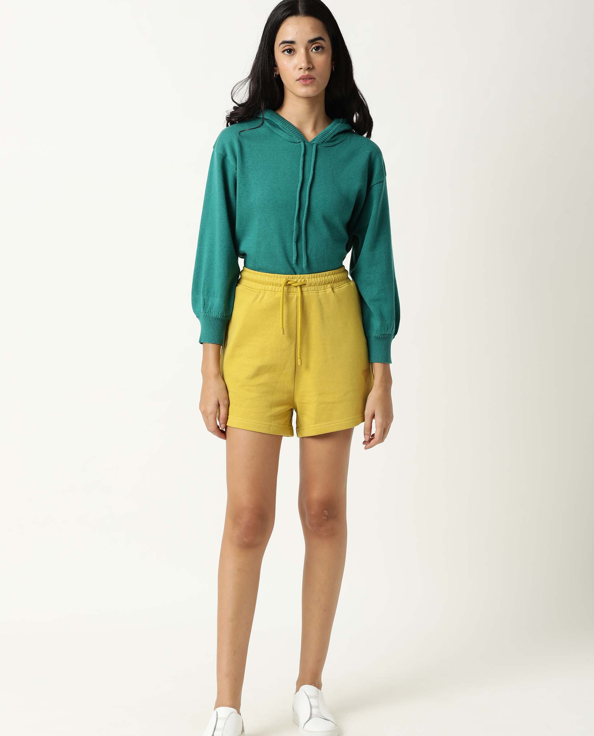 Rareism Women Spence Yellow Poly Cotton Fabric Regular Fit Solid Mid Rise Shorts