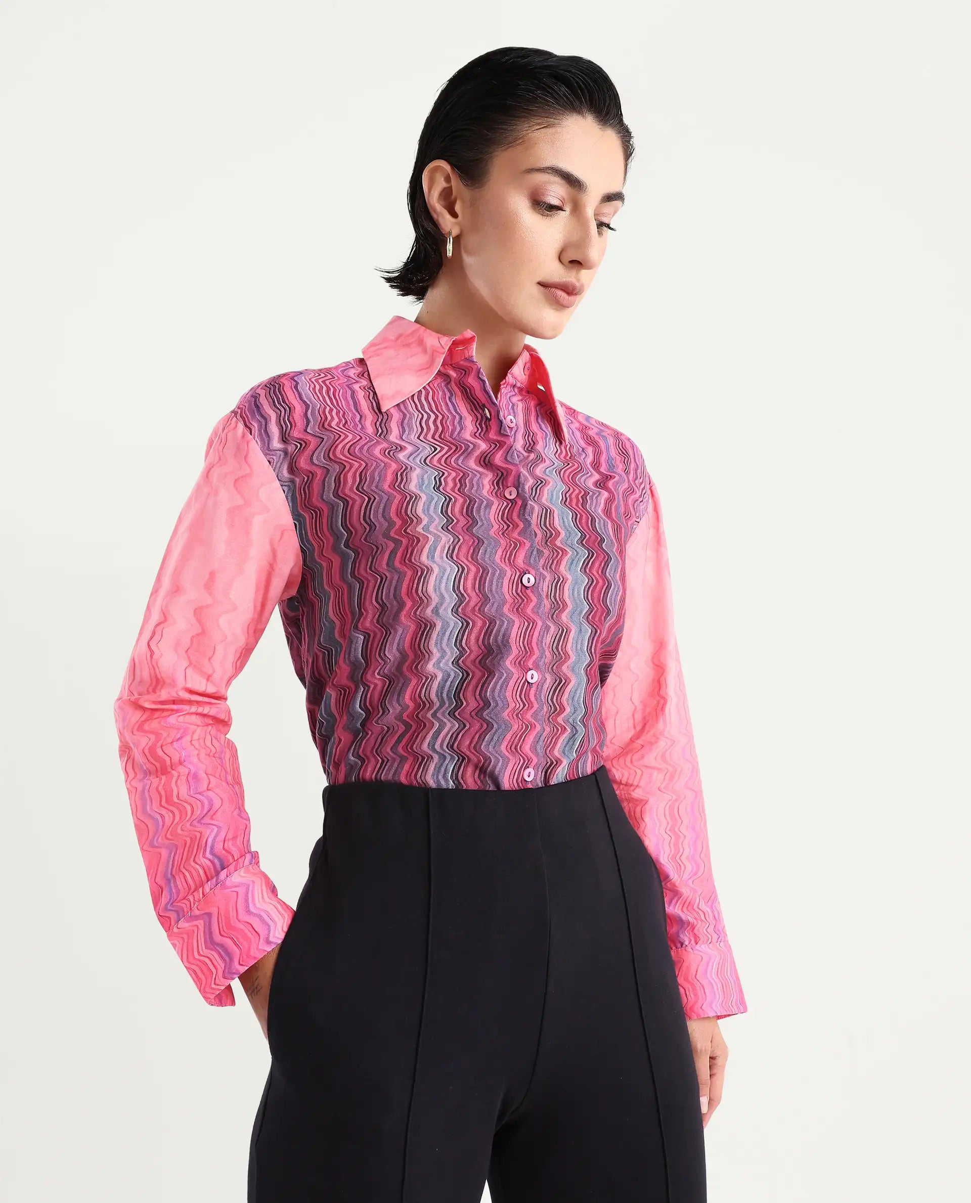 Rareism Women's Spezia Multi Cotton Drop Collar Abstract Print Cuffed Sleeve Regular Fit Shirt