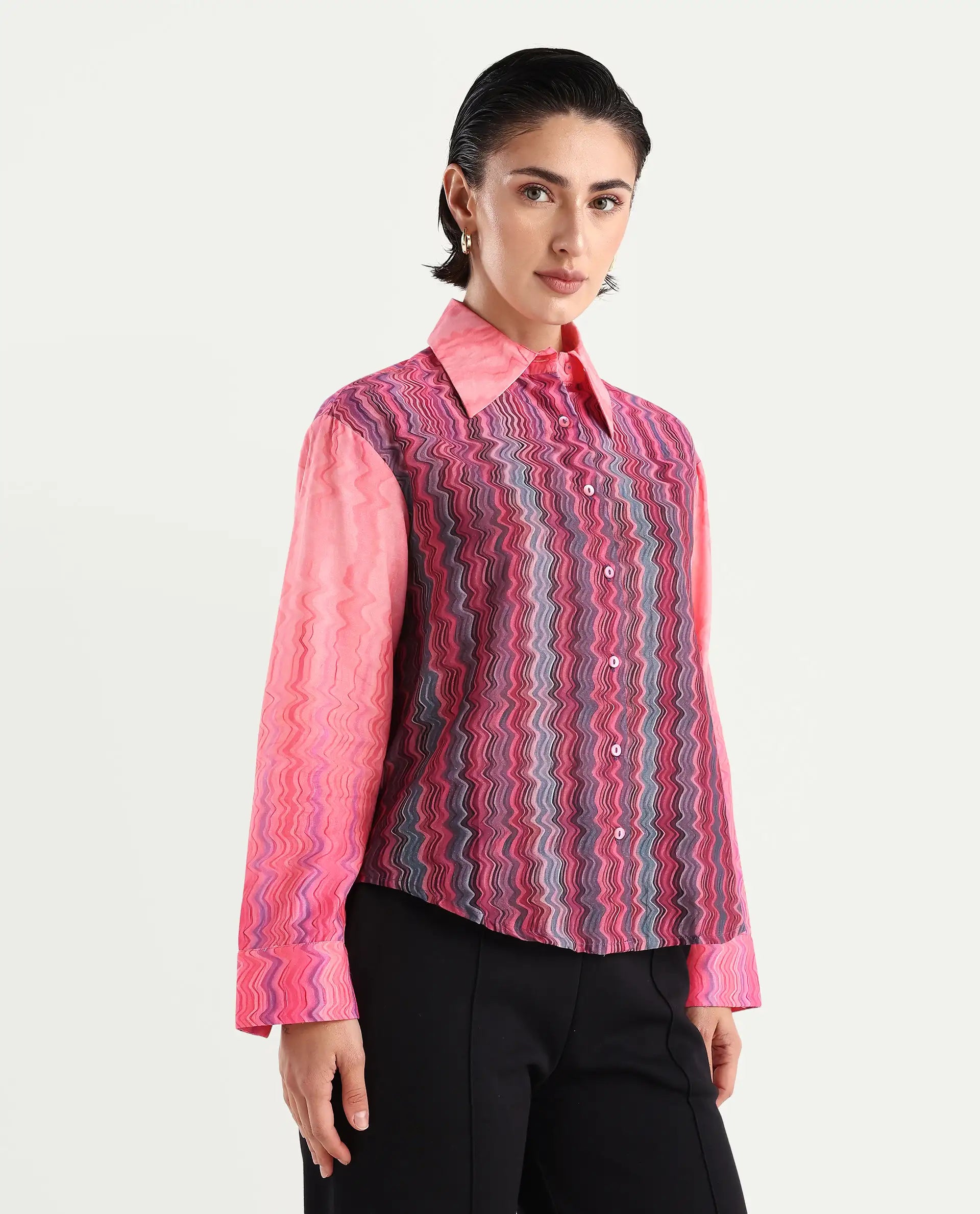 Rareism Women's Spezia Multi Cotton Drop Collar Abstract Print Cuffed Sleeve Regular Fit Shirt