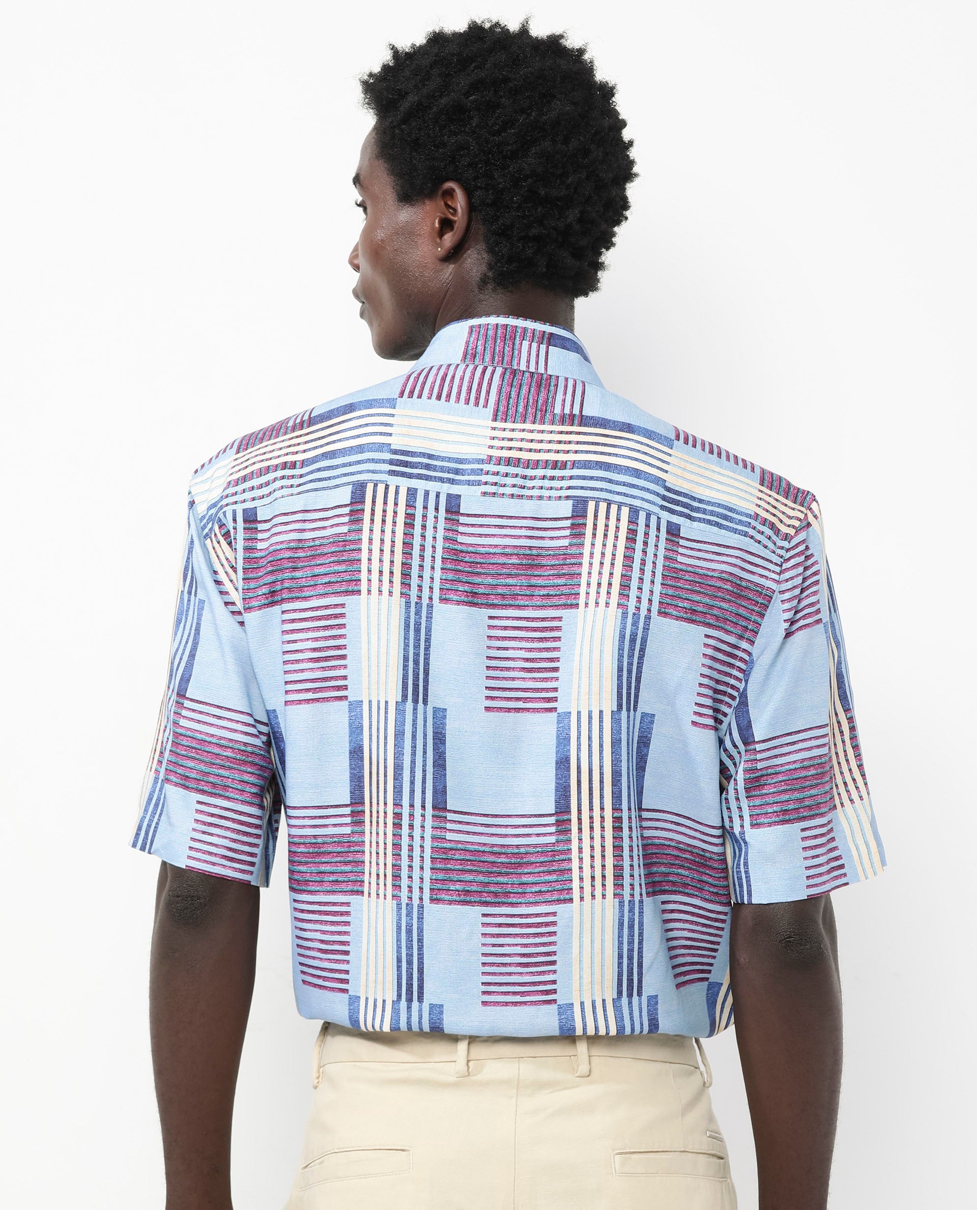 Rare Rabbit Men's Spica Light Blue Viscose Fabric Short Sleeve Regular Fit Abstract Print Shirt