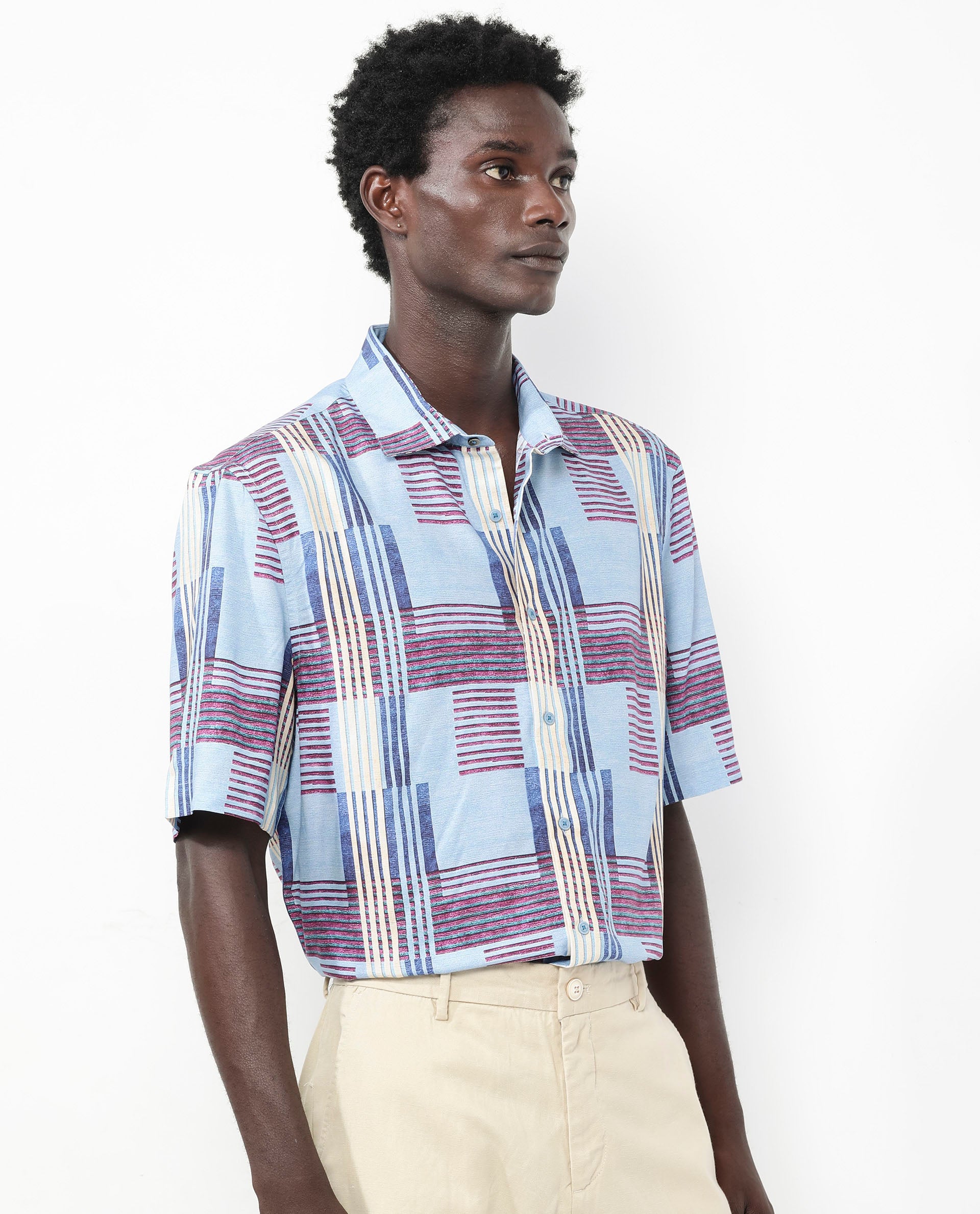 Rare Rabbit Men's Spica Light Blue Viscose Fabric Short Sleeve Regular Fit Abstract Print Shirt