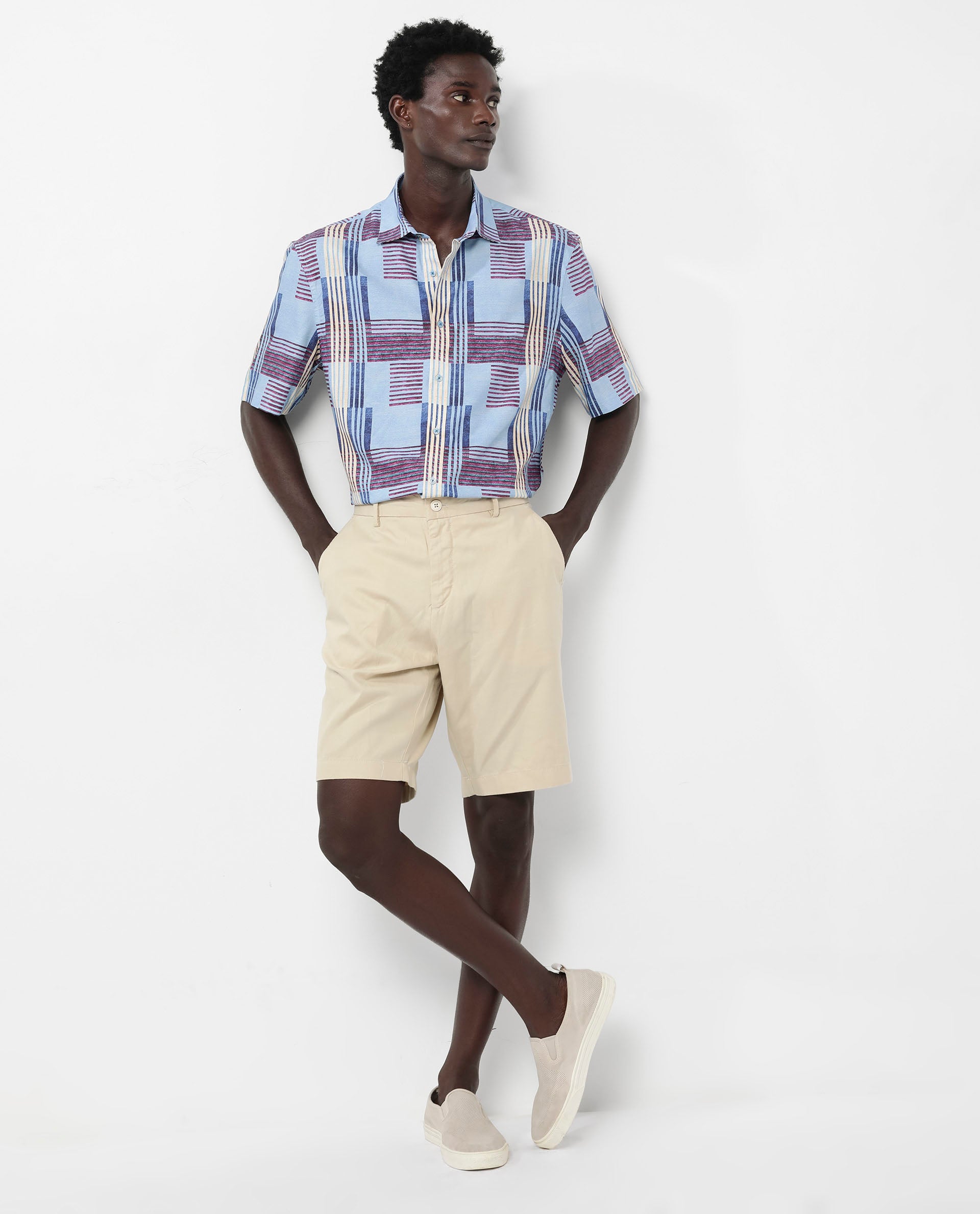 Rare Rabbit Men's Spica Light Blue Viscose Fabric Short Sleeve Regular Fit Abstract Print Shirt