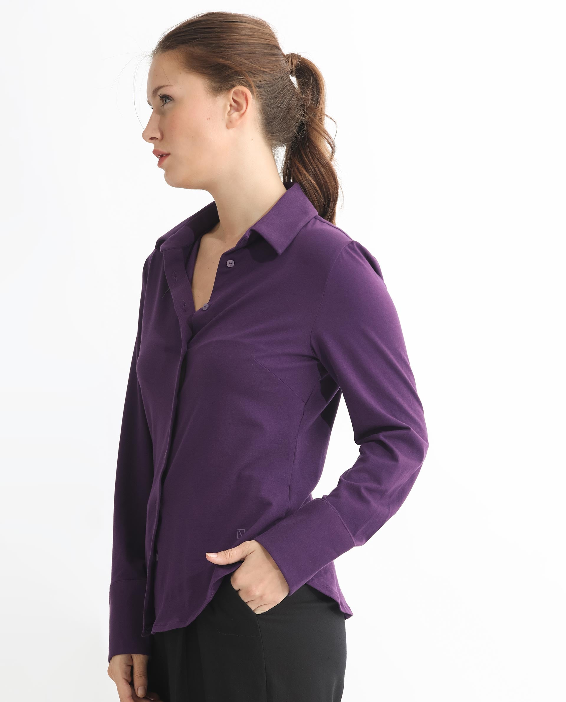 Rareism Women Spie Dark Purple  Regular Sleeve Shirt Collar Solid Shirt