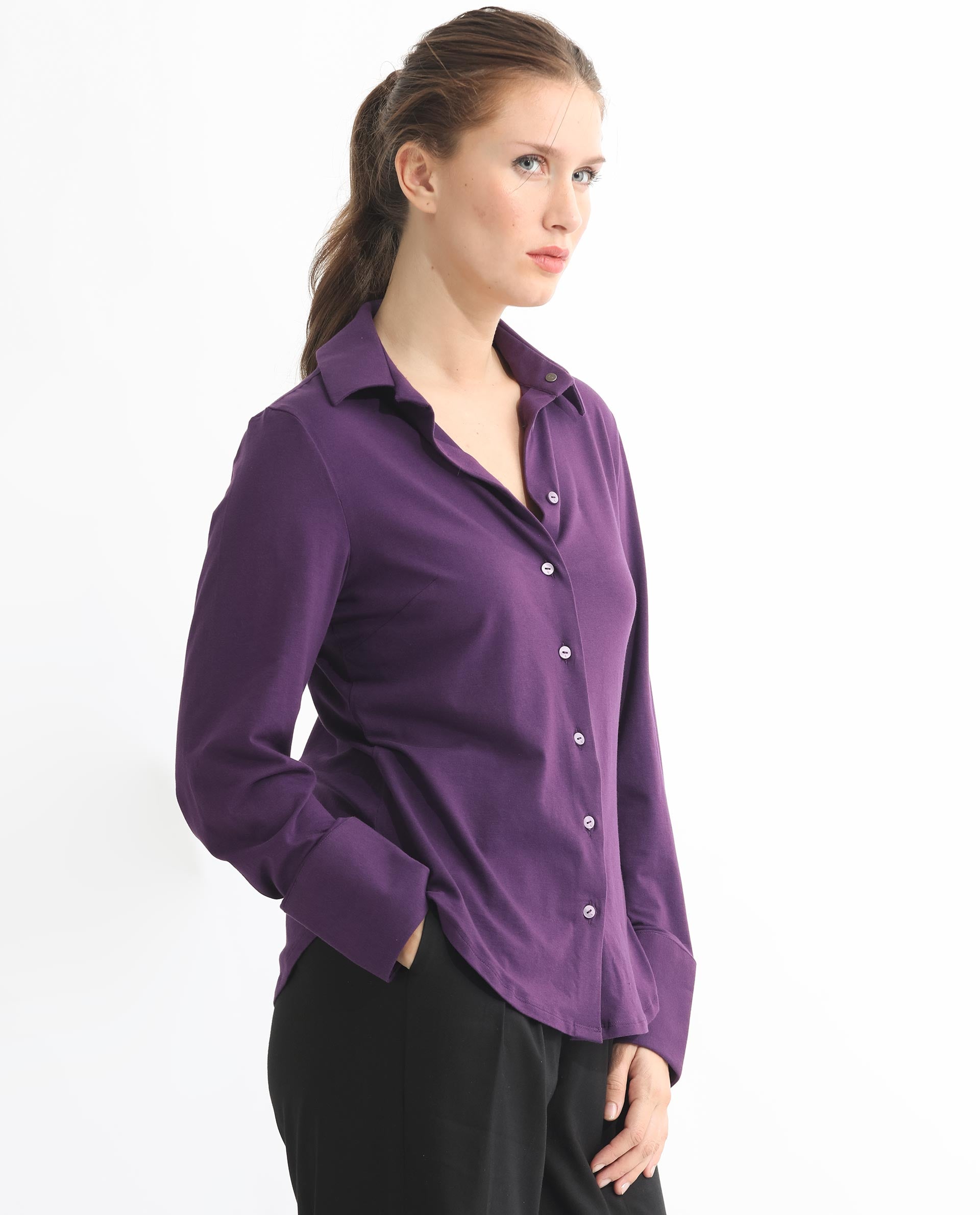 Rareism Women Spie Dark Purple  Regular Sleeve Shirt Collar Solid Shirt