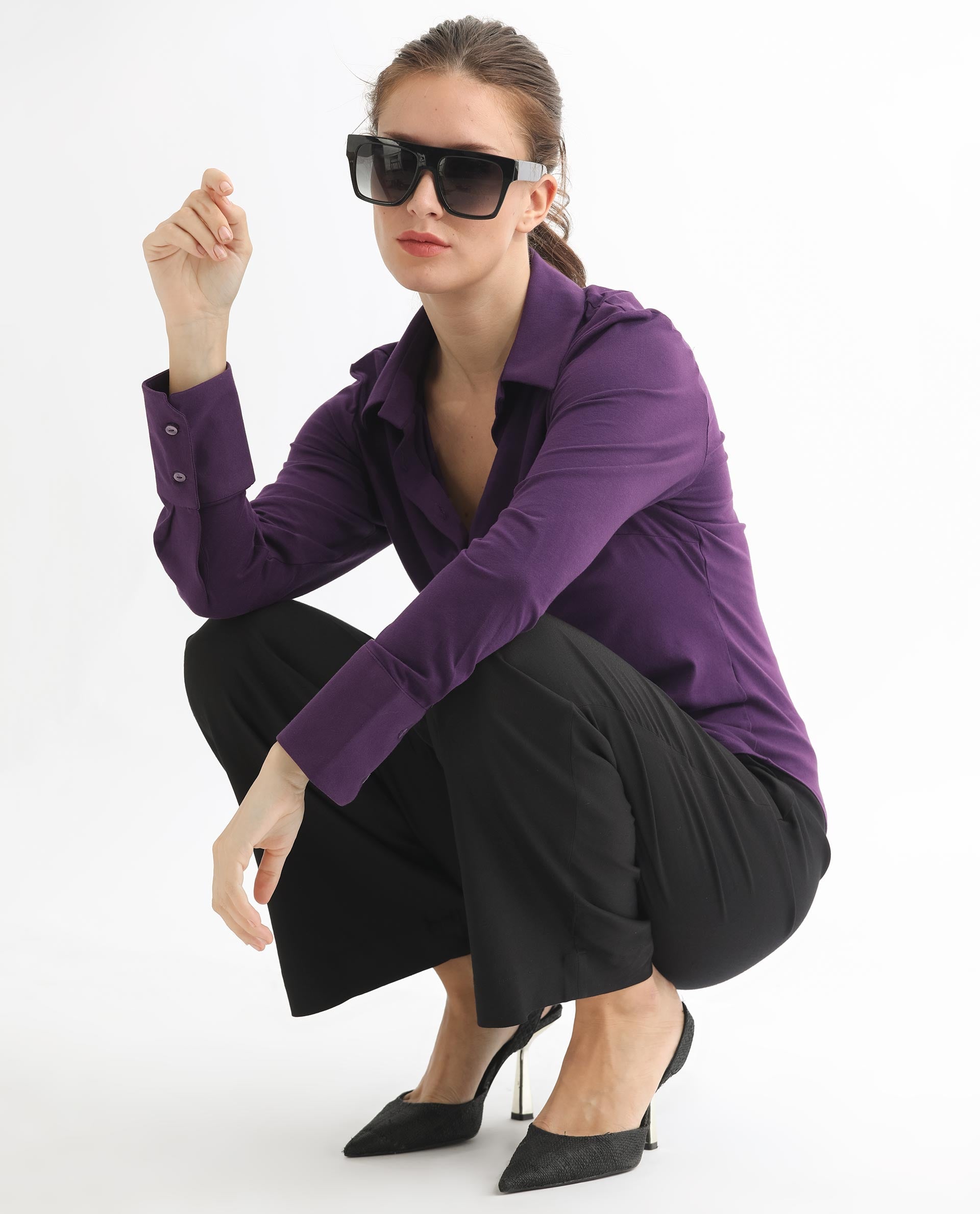 Rareism Women Spie Dark Purple  Regular Sleeve Shirt Collar Solid Shirt
