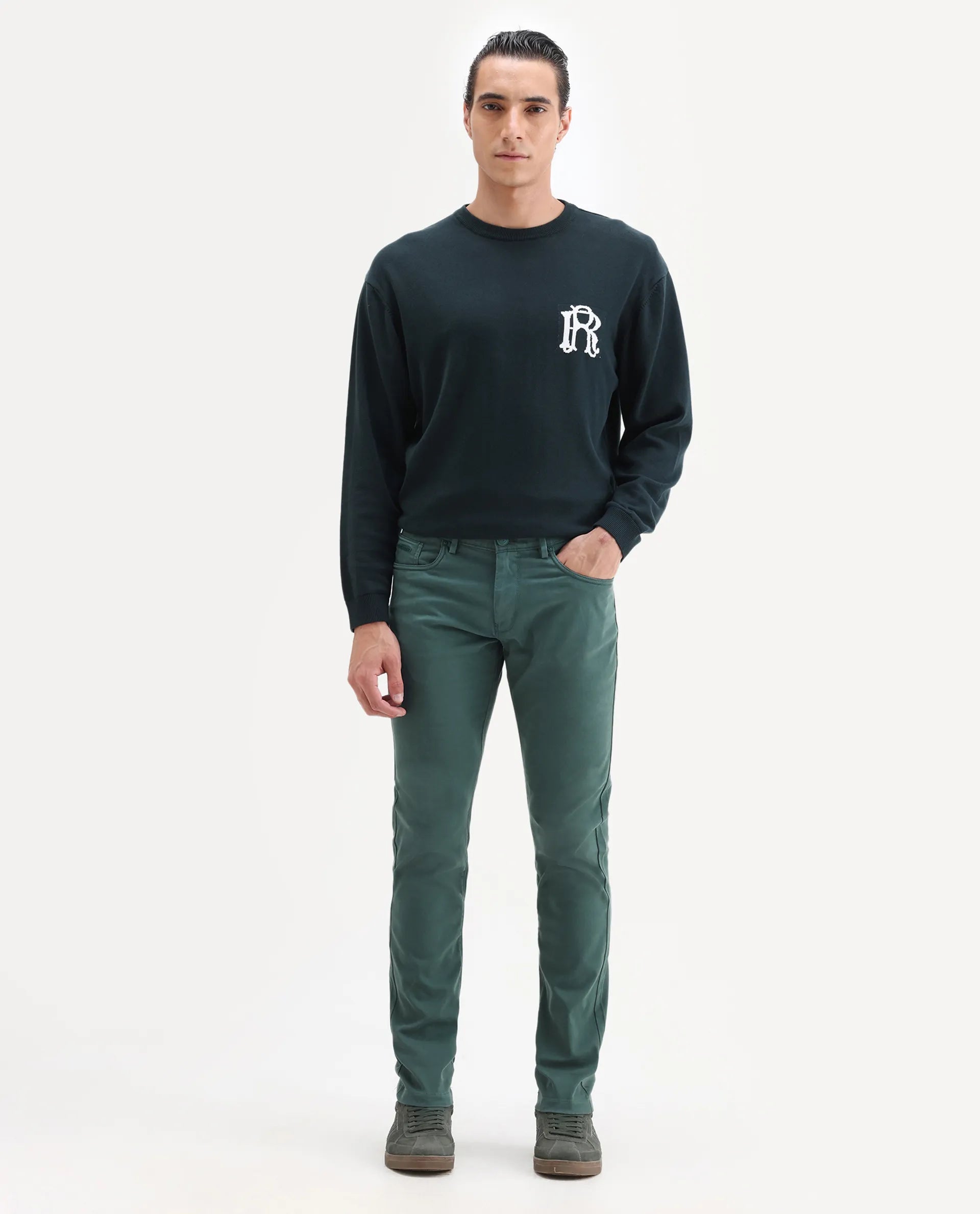 Rare Rabbit Men's Spoke-22 Green Cotton Plain Regular Fit Trouser