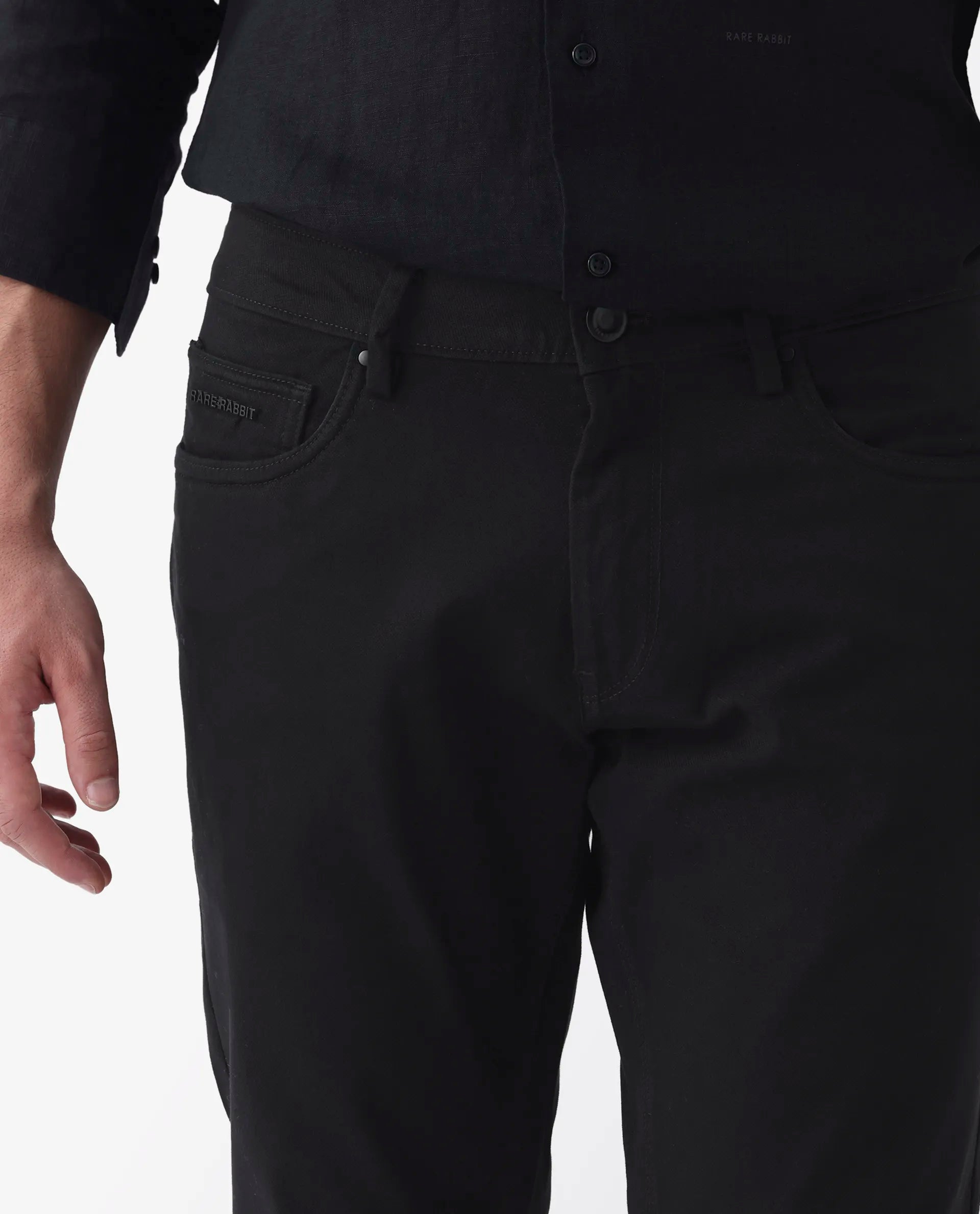 Rare Rabbit Men's Spoke 24 Black Cotton Blend Plain Regular Fit Trouser