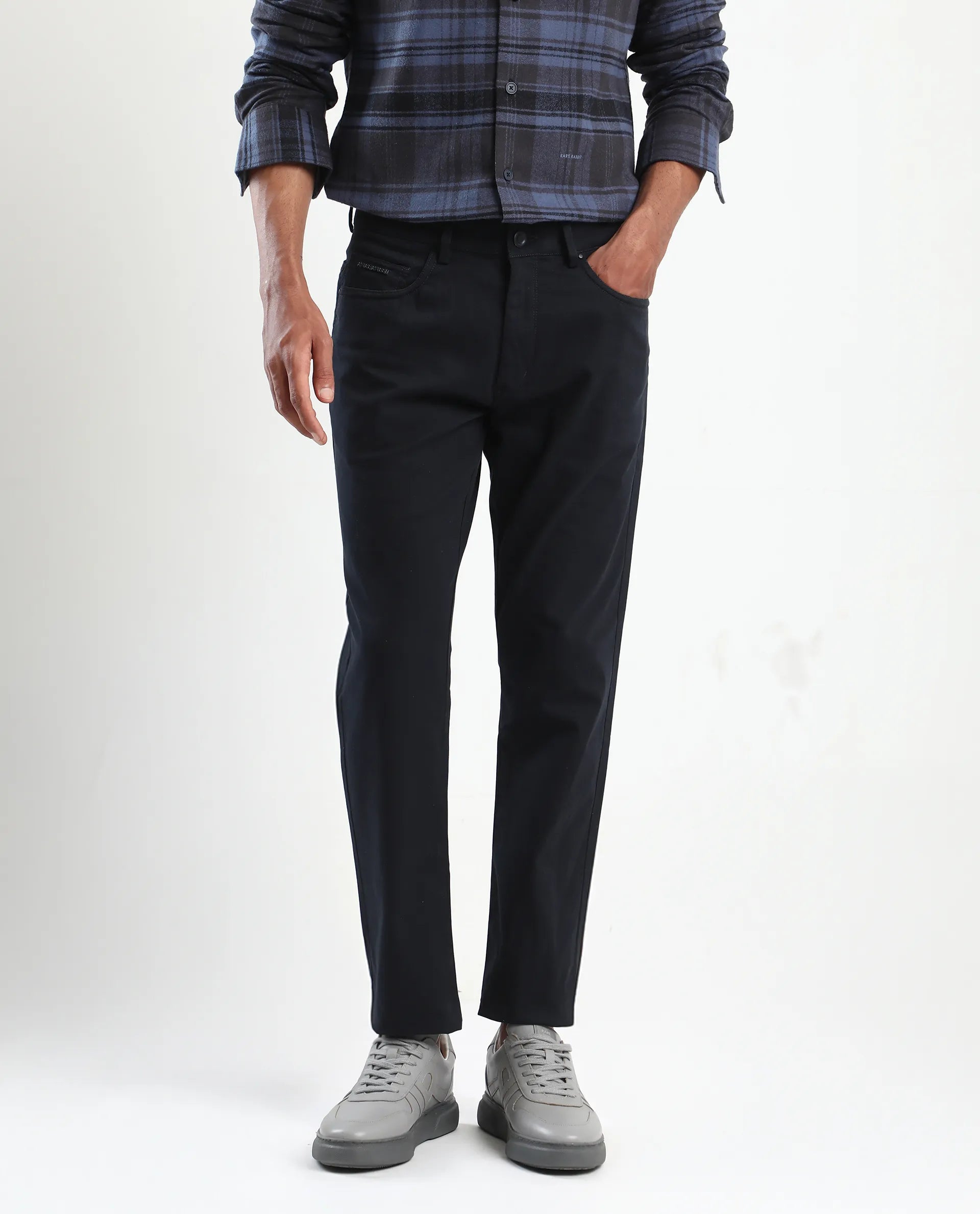 Rare Rabbit Men's Spoke-Aw25 Navy Cotton Blend Plain Regular Fit Trouser