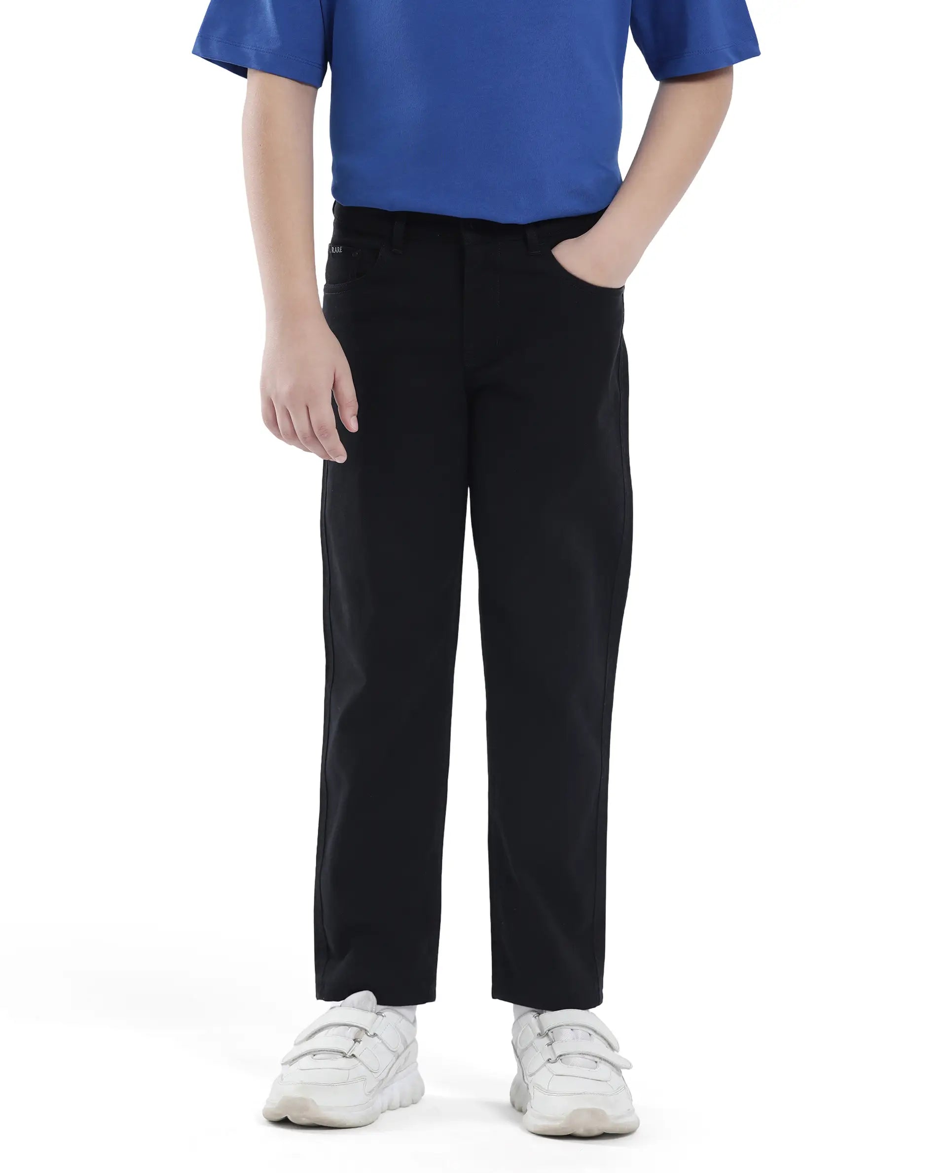 Rare Ones Kids Spoke-K Black Cotton Button And Zip Closure Solid Regular Fit Trouser