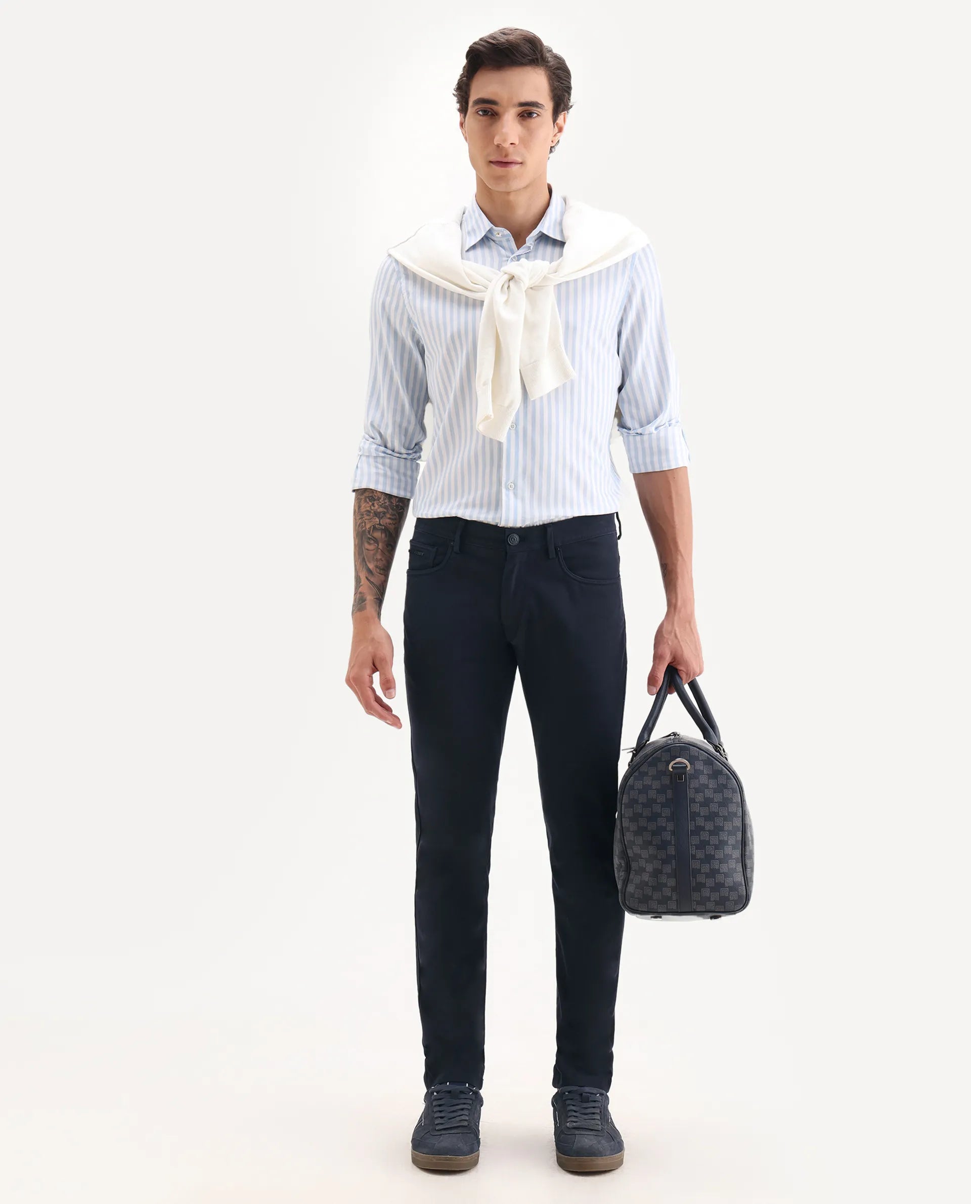 Rare Rabbit Men's Spoke-22 Navy Cotton Plain Regular Fit Trouser