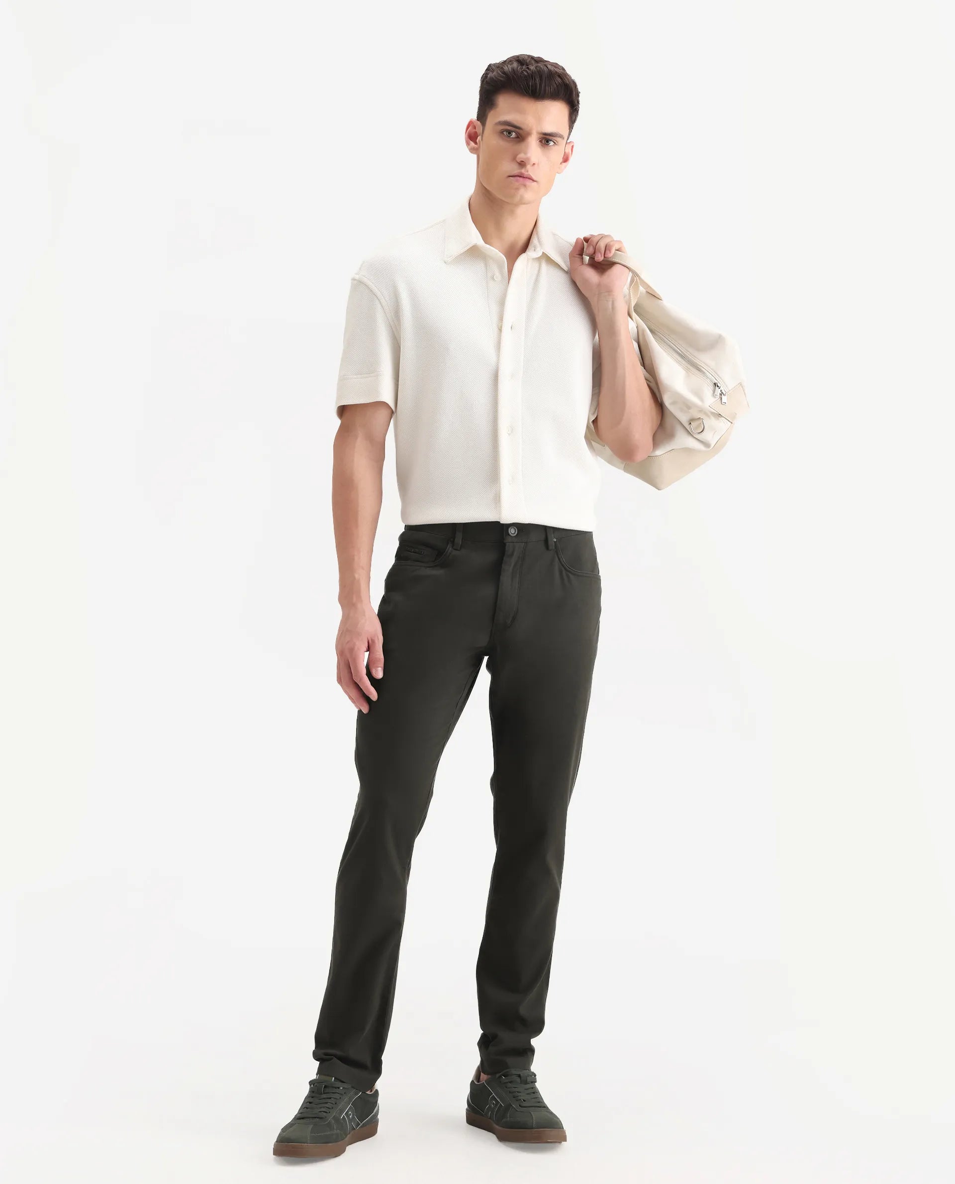 Rare Rabbit Men's Spoke-Aw25 Dark Green Cotton Blend Plain Regular Fit Trouser