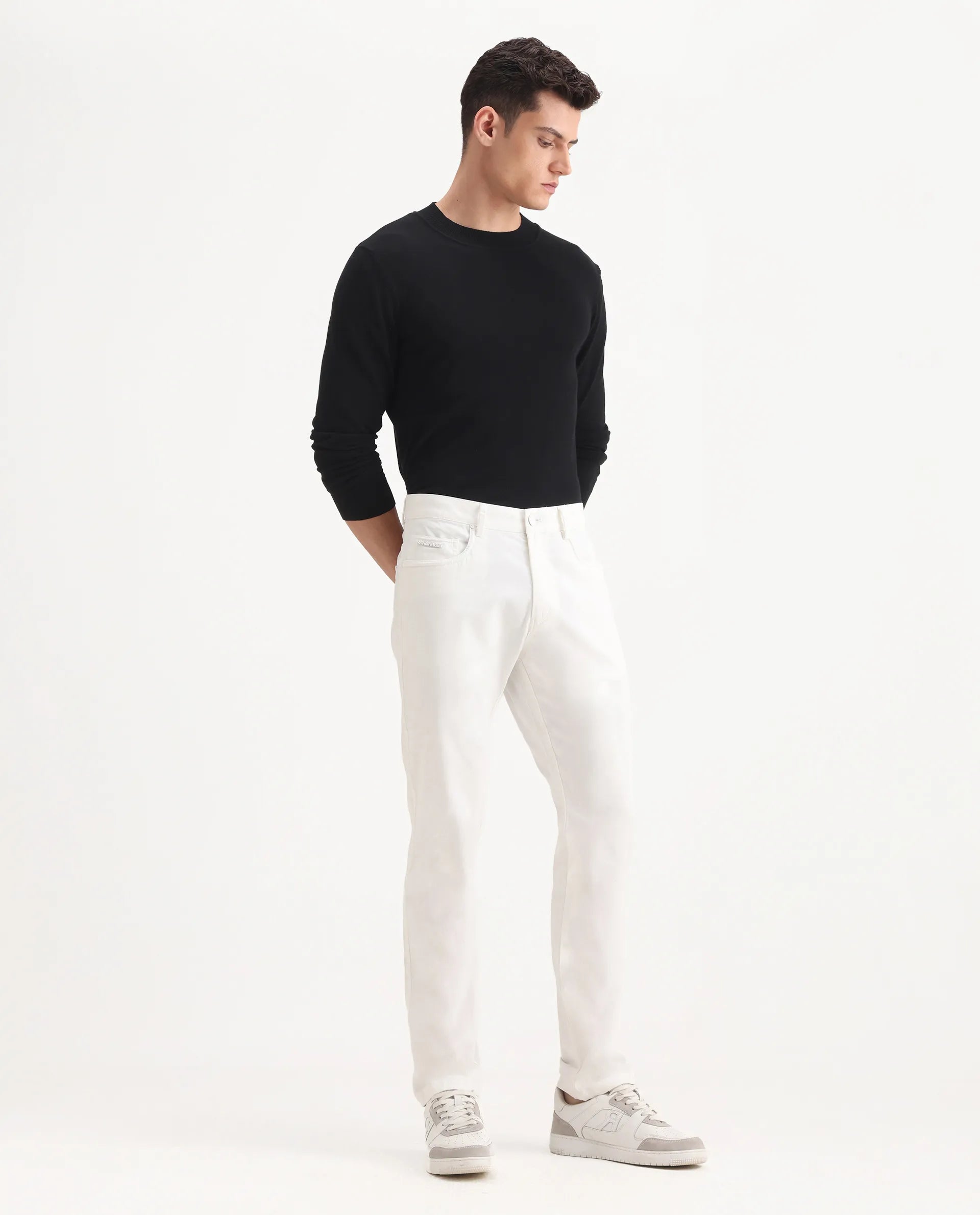 Rare Rabbit Men's Spoke-Aw25 White Cotton Blend Plain Regular Fit Trouser