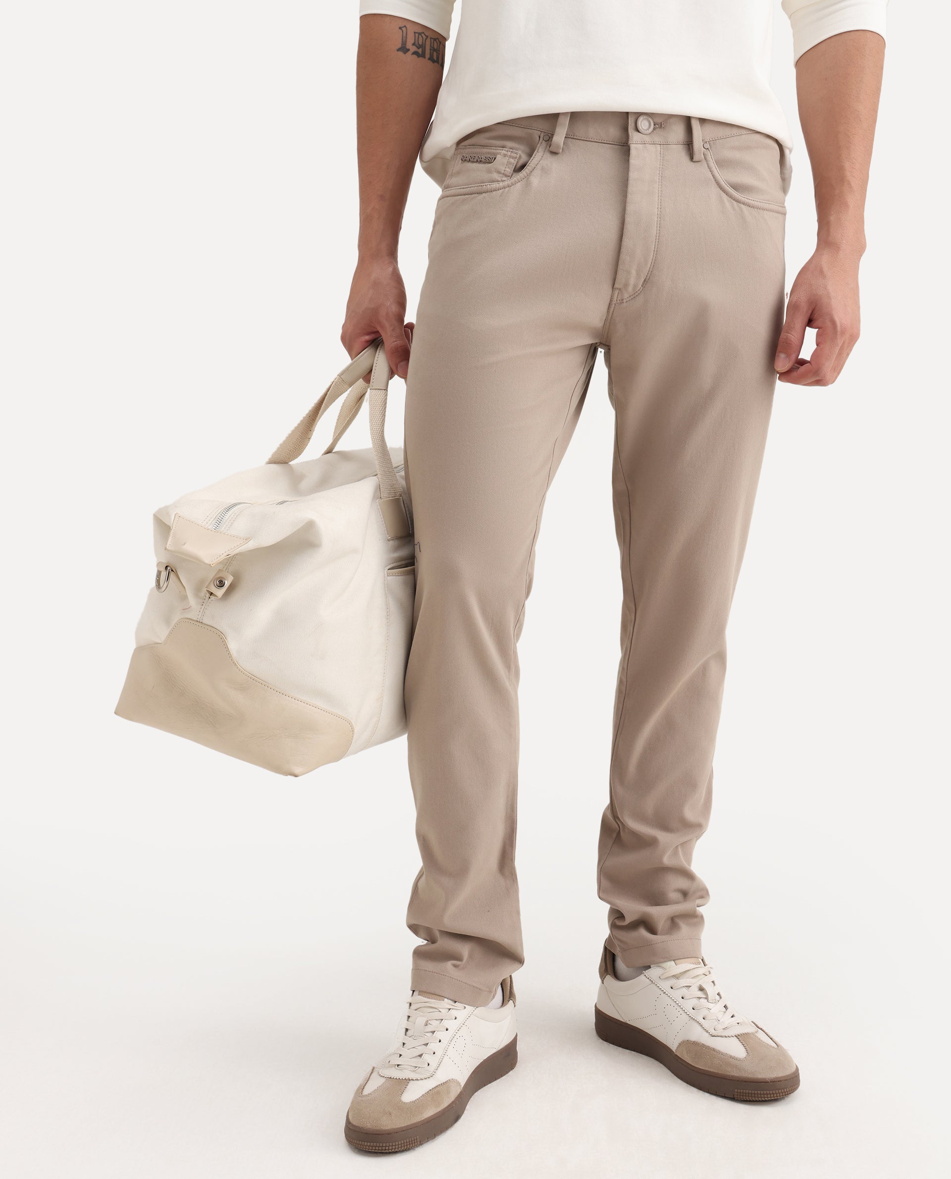 Rare Rabbit Men's Spoke-Aw25 Beige Cotton Blend Plain Regular Fit Trouser