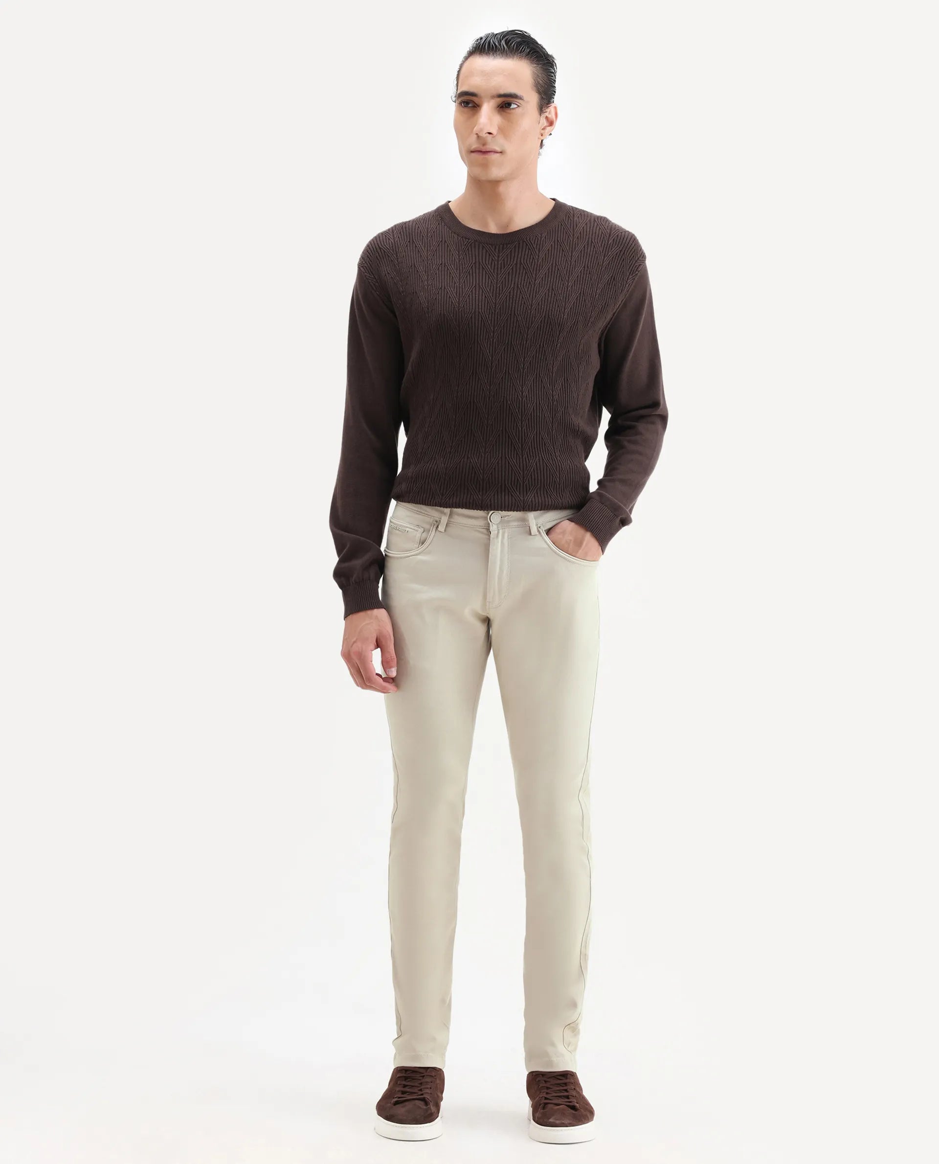 Rare Rabbit Men's Spoke Beige Cotton Plain Regular Fit Trouser