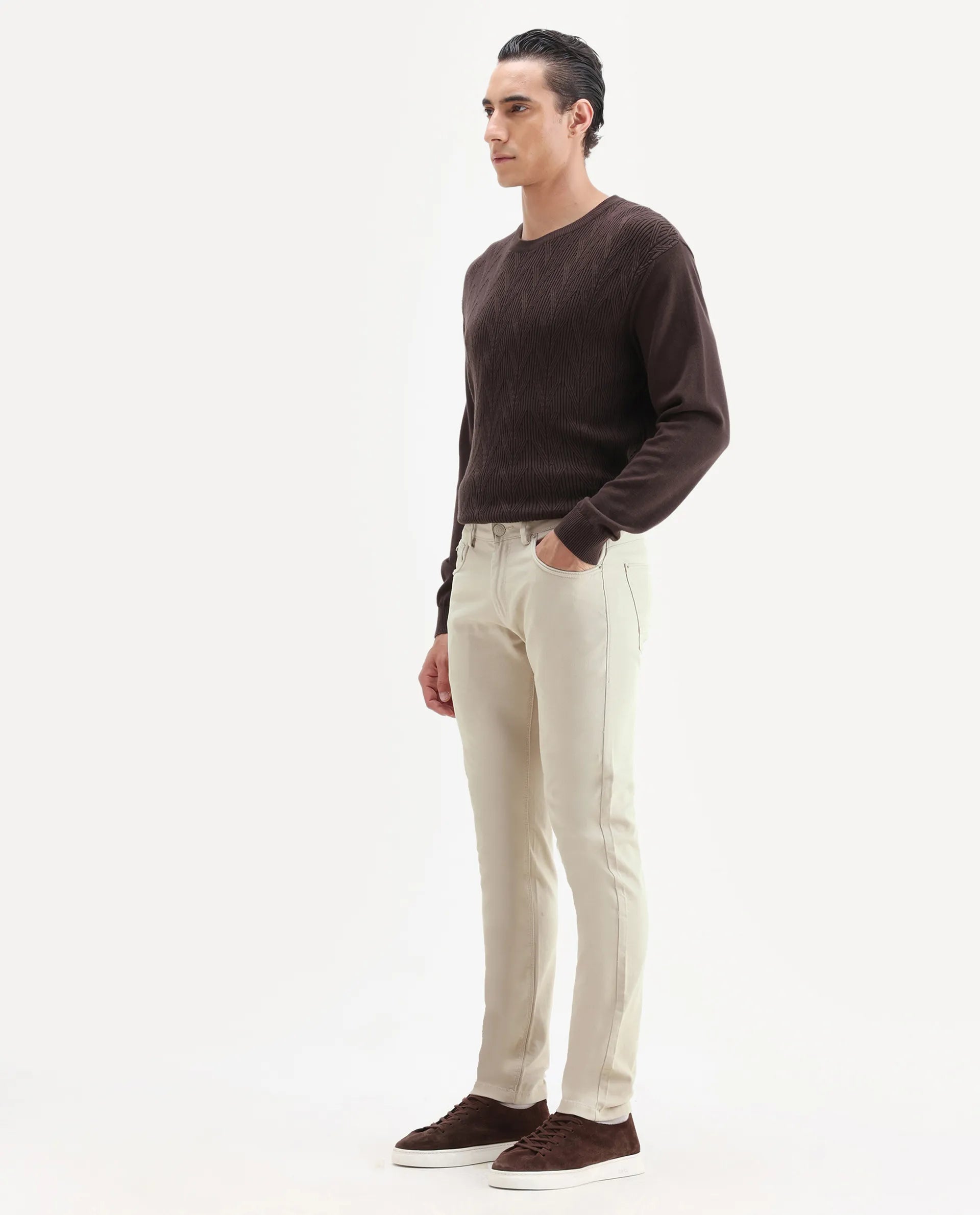 Rare Rabbit Men's Spoke Beige Cotton Plain Regular Fit Trouser