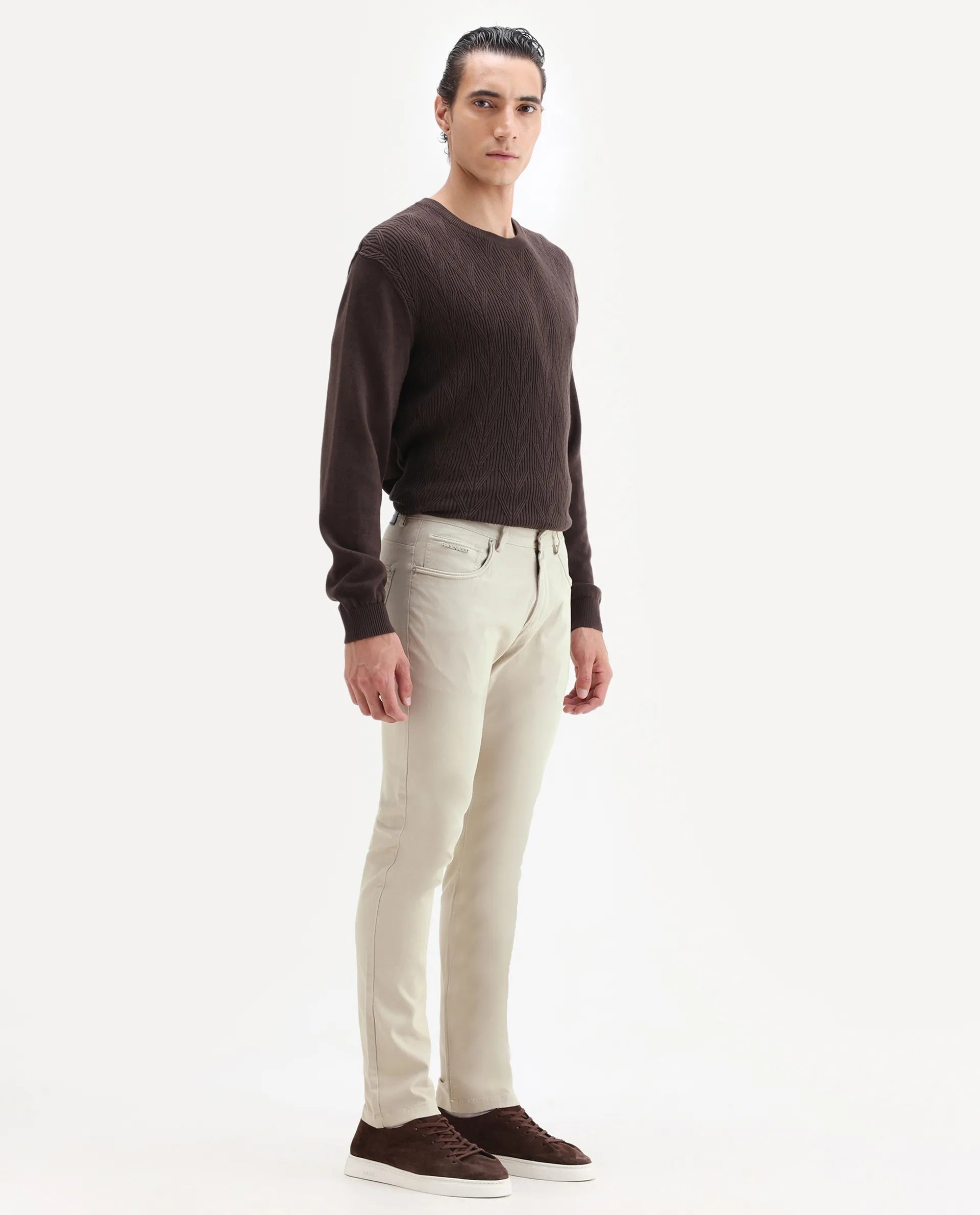Rare Rabbit Men's Spoke Beige Cotton Plain Regular Fit Trouser