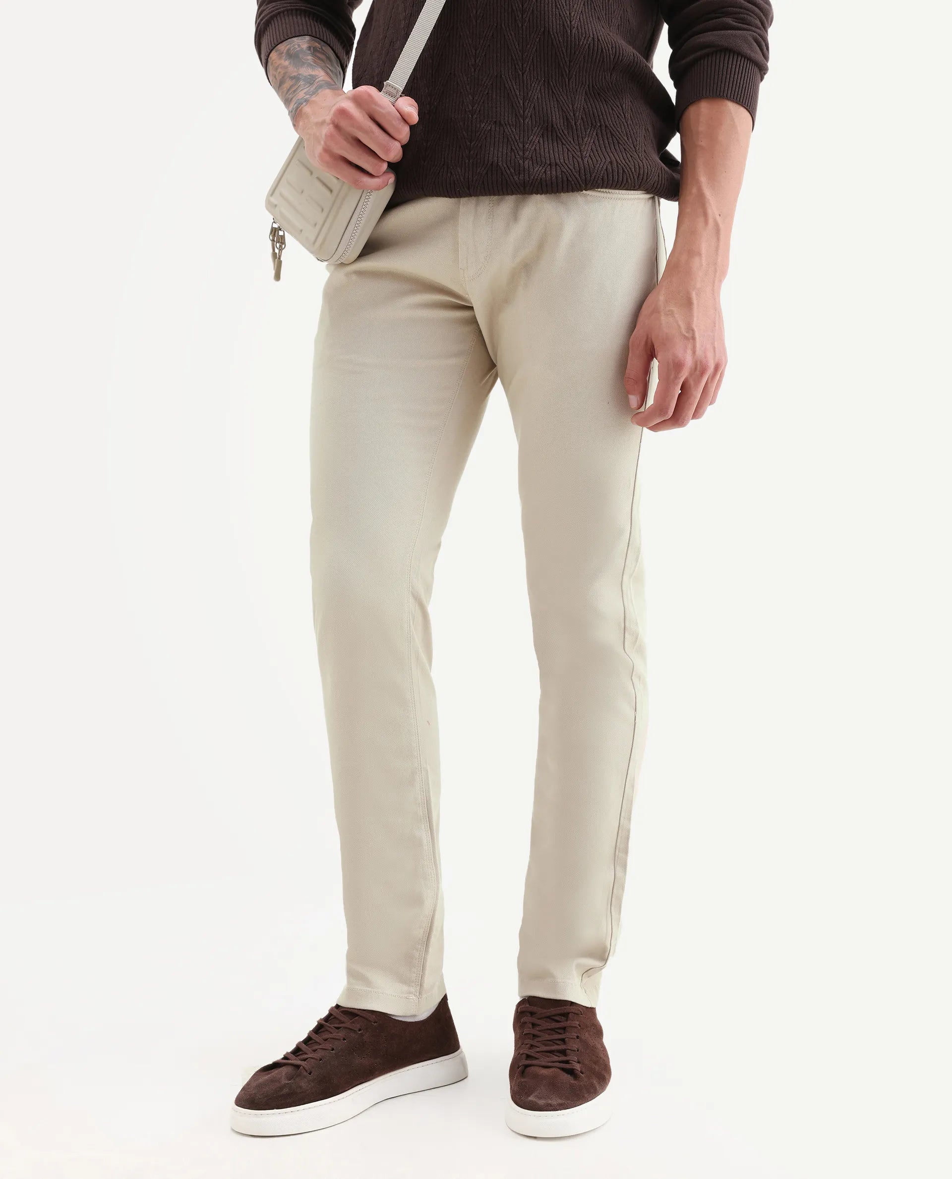 Rare Rabbit Men's Spoke Beige Cotton Plain Regular Fit Trouser