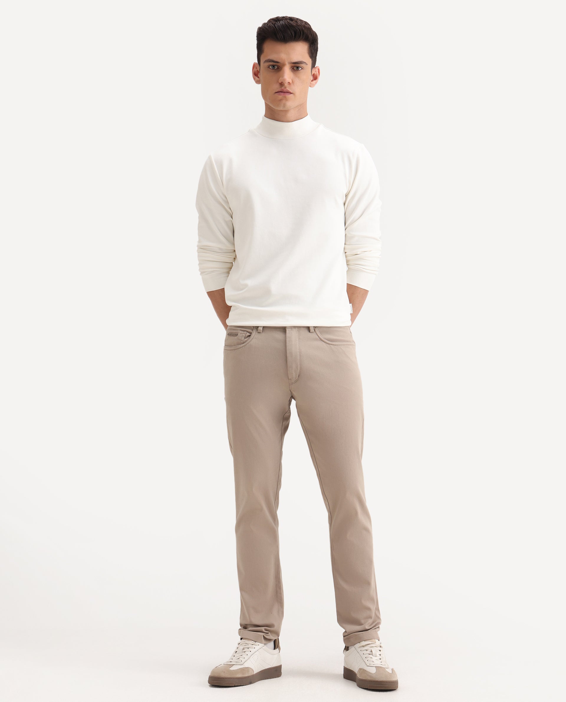 Rare Rabbit Men's Spoke-Aw25 Beige Cotton Blend Plain Regular Fit Trouser