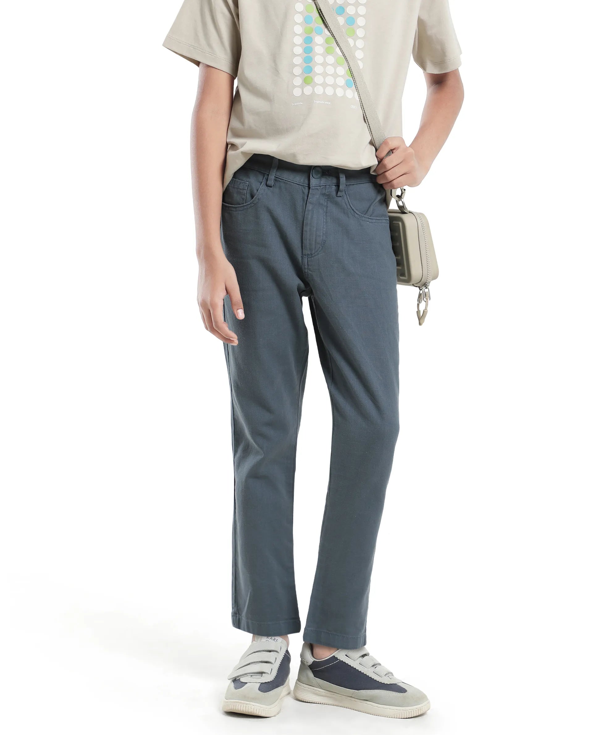 Rare Ones Kids Spon Dusky Blue Cotton Button & Zip Regular Fit Plain Trouser