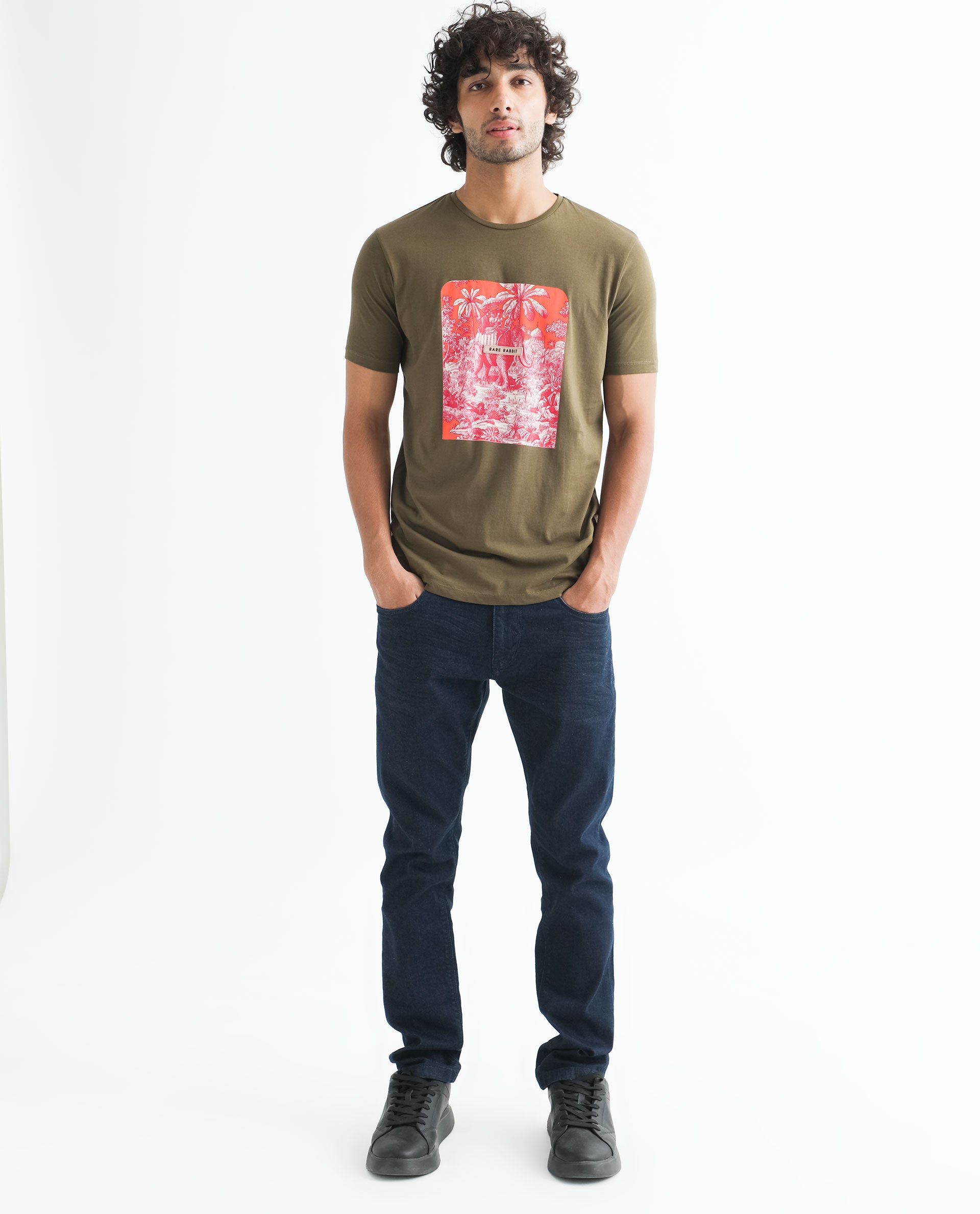 Rare Rabbit Men's Spread Green Crew Neck Regular Fit Tropical Graphic Print T-Shirt