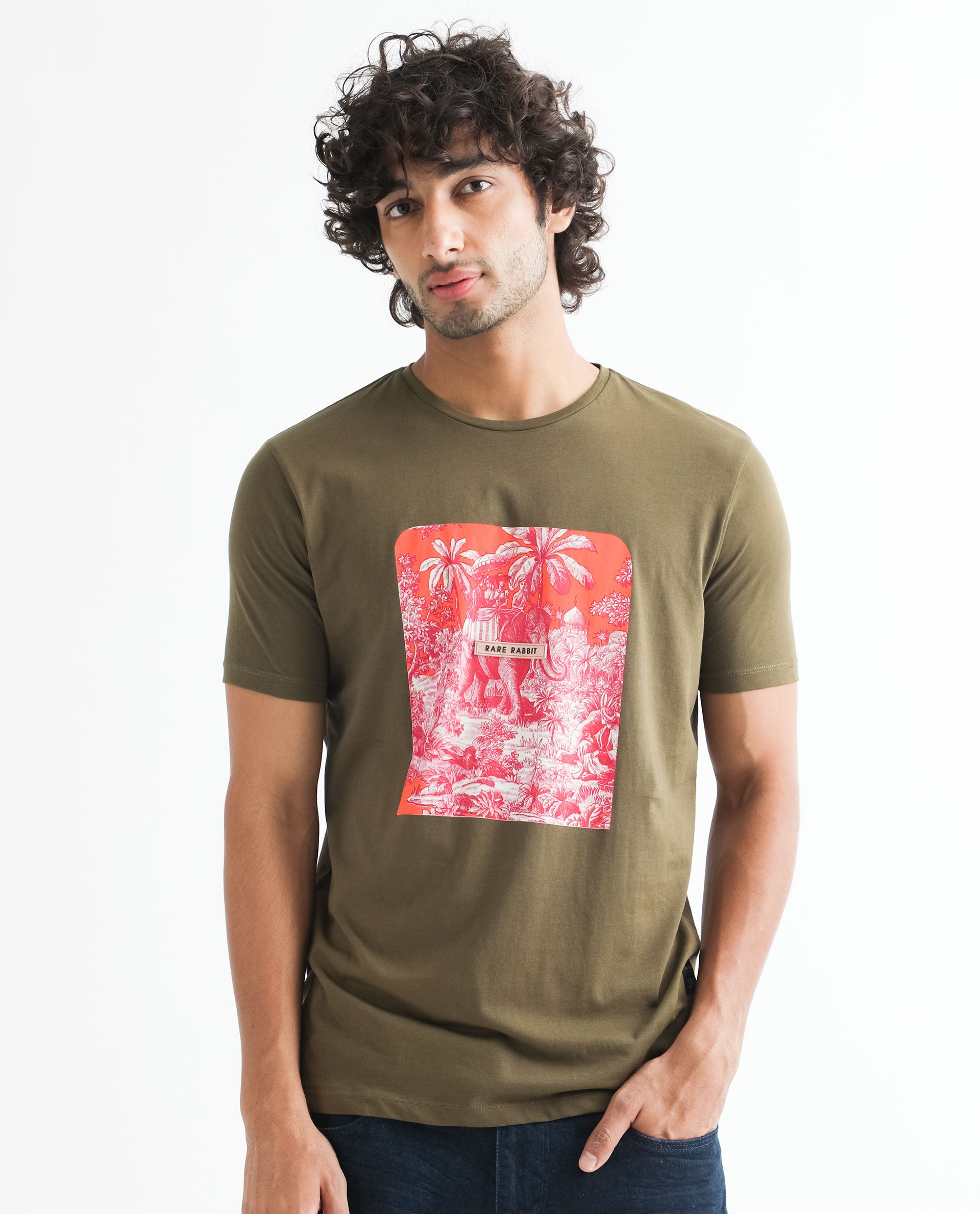 Rare Rabbit Men's Spread Green Crew Neck Regular Fit Tropical Graphic Print T-Shirt