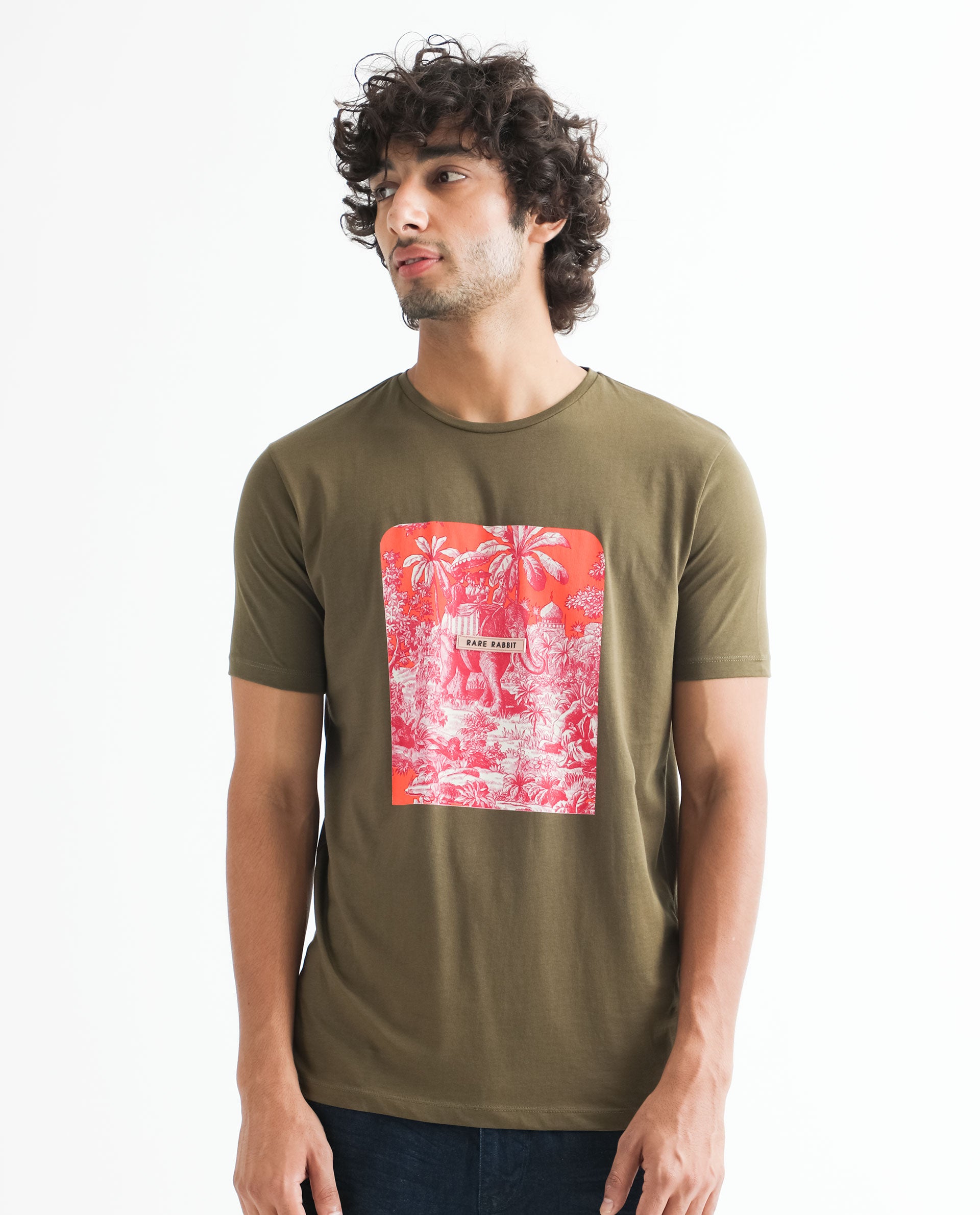 Rare Rabbit Men's Spread Green Crew Neck Regular Fit Tropical Graphic Print T-Shirt
