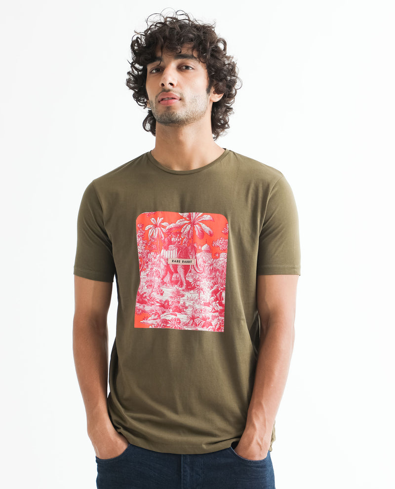 Rare Rabbit Men's Spread Green Crew Neck Discharge Tropical Graphic Print T-Shirt