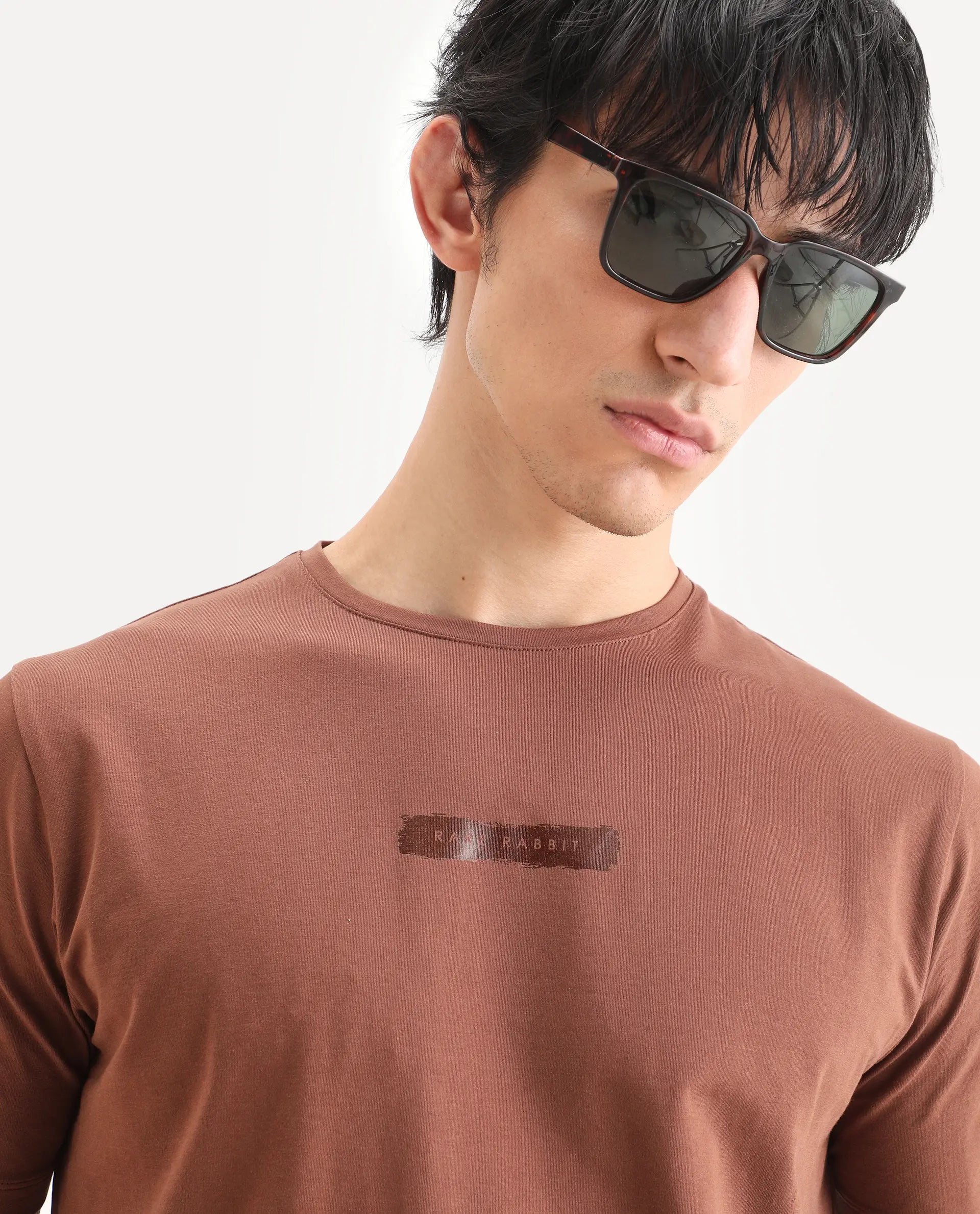 Rare Rabbit Men's Spur Pastel Brown Cotton Blend Fabric Half Sleeve Crew Neck Regular Fit Graphic Print T-Shirt